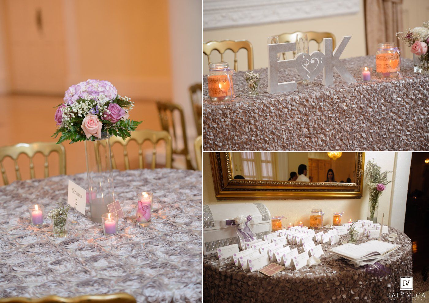 Elegant wedding reception tables with floral centerpieces, candles, sequin tablecloths, and decorative letter initials on display.