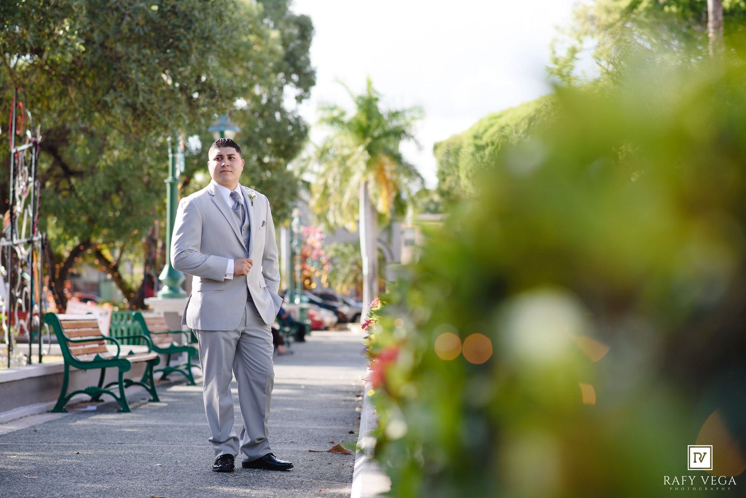 Man in light gray suit stands confidently on a sunny palm-lined walkway with green benches.
