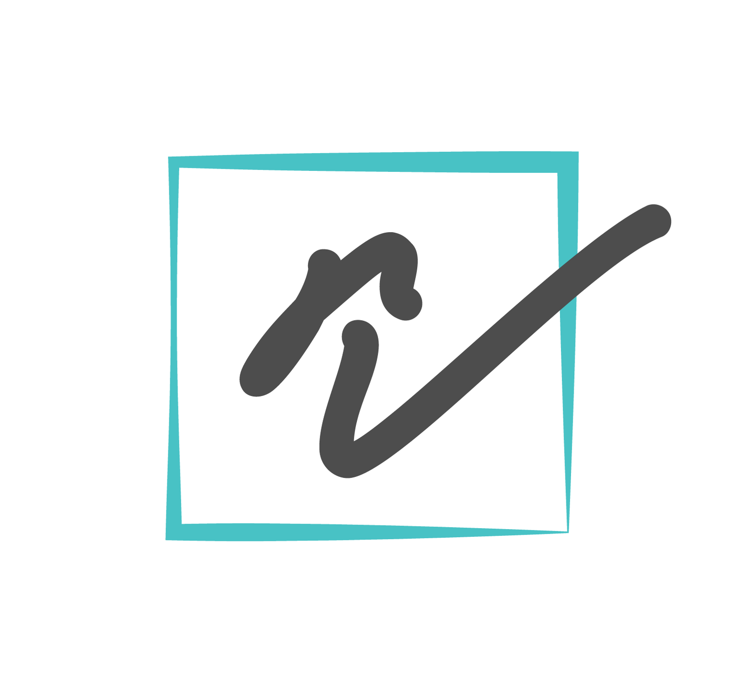 Minimalist logo of a dark gray handwritten letter r and check mark stroke inside a hand-drawn teal square frame on white.