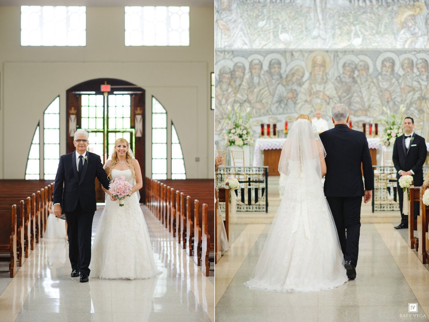 Bride in white gown walks down church aisle with father toward the altar on her wedding day.