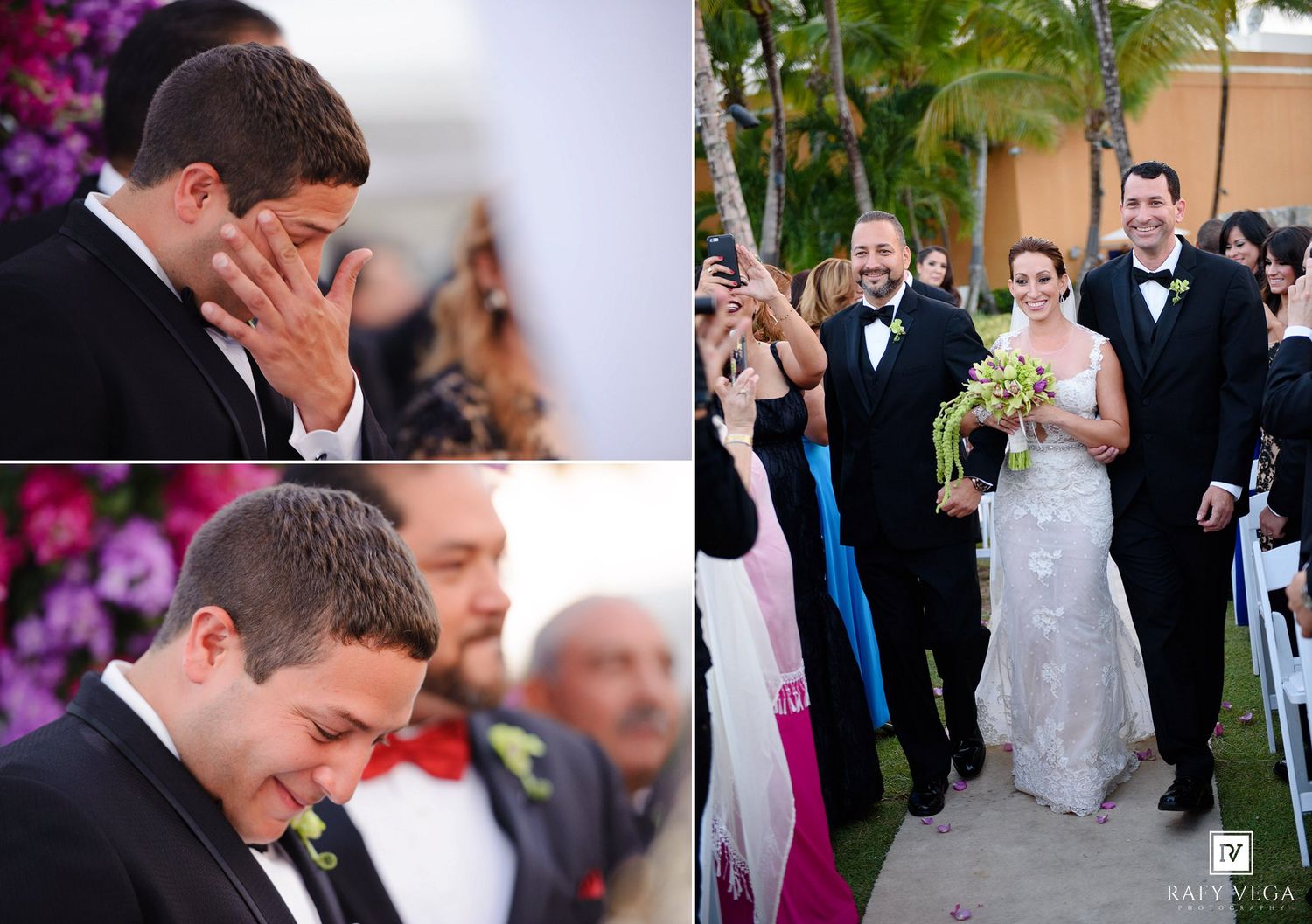 Emotional groom crying at wedding ceremony while bride walks down the aisle in elegant white gown outdoors.