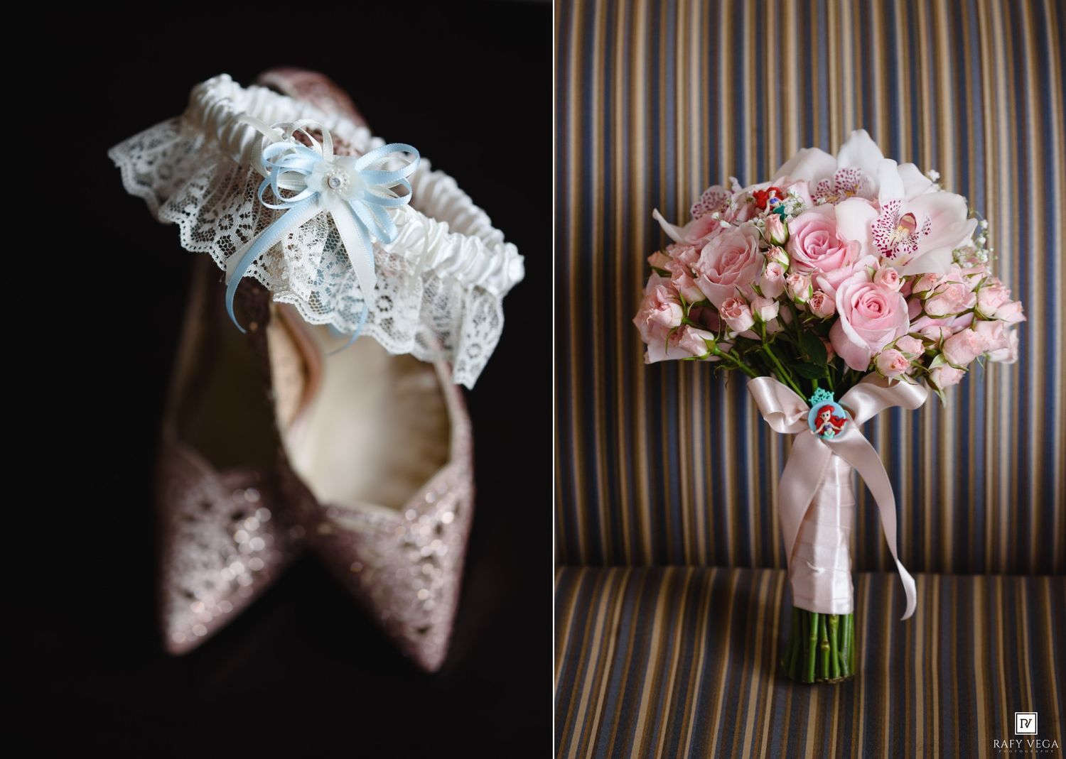 Bridal accessories featuring lace heels with a blue garter beside a pink rose bouquet with ribbon on striped chair.