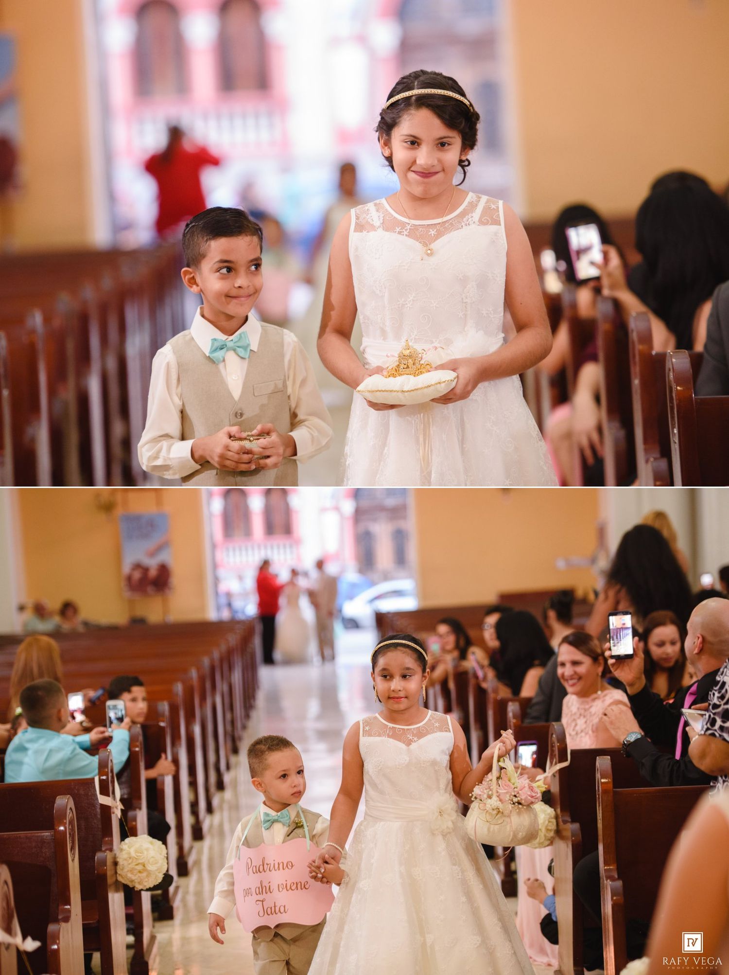Children dressed in formal attire walk down a church aisle during a wedding ceremony, carrying rings and flowers.