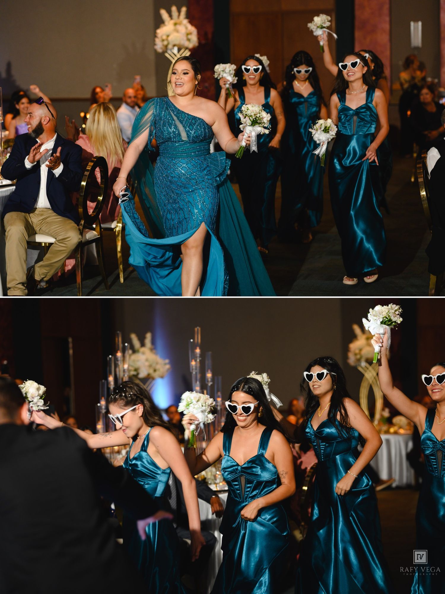 Bridesmaids in teal gowns wearing white sunglasses walk down the aisle holding white bouquets at a wedding reception.
