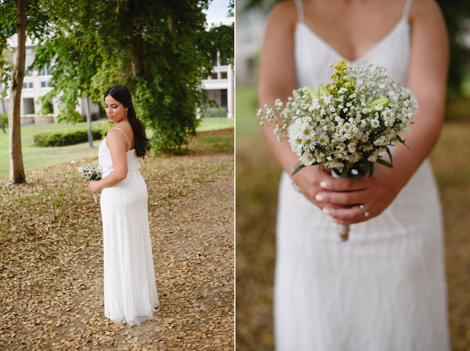 Bride in white gown holding wildflower bouquet outdoors, with close-up detail of flowers in hand.
