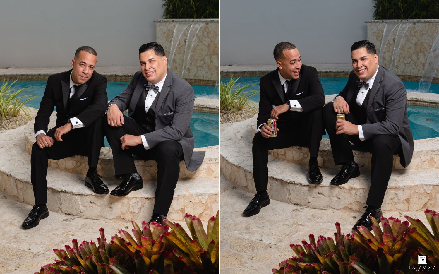 Two men in gray suits sitting together by a pool, posing for a formal event photo in a side-by-side comparison.