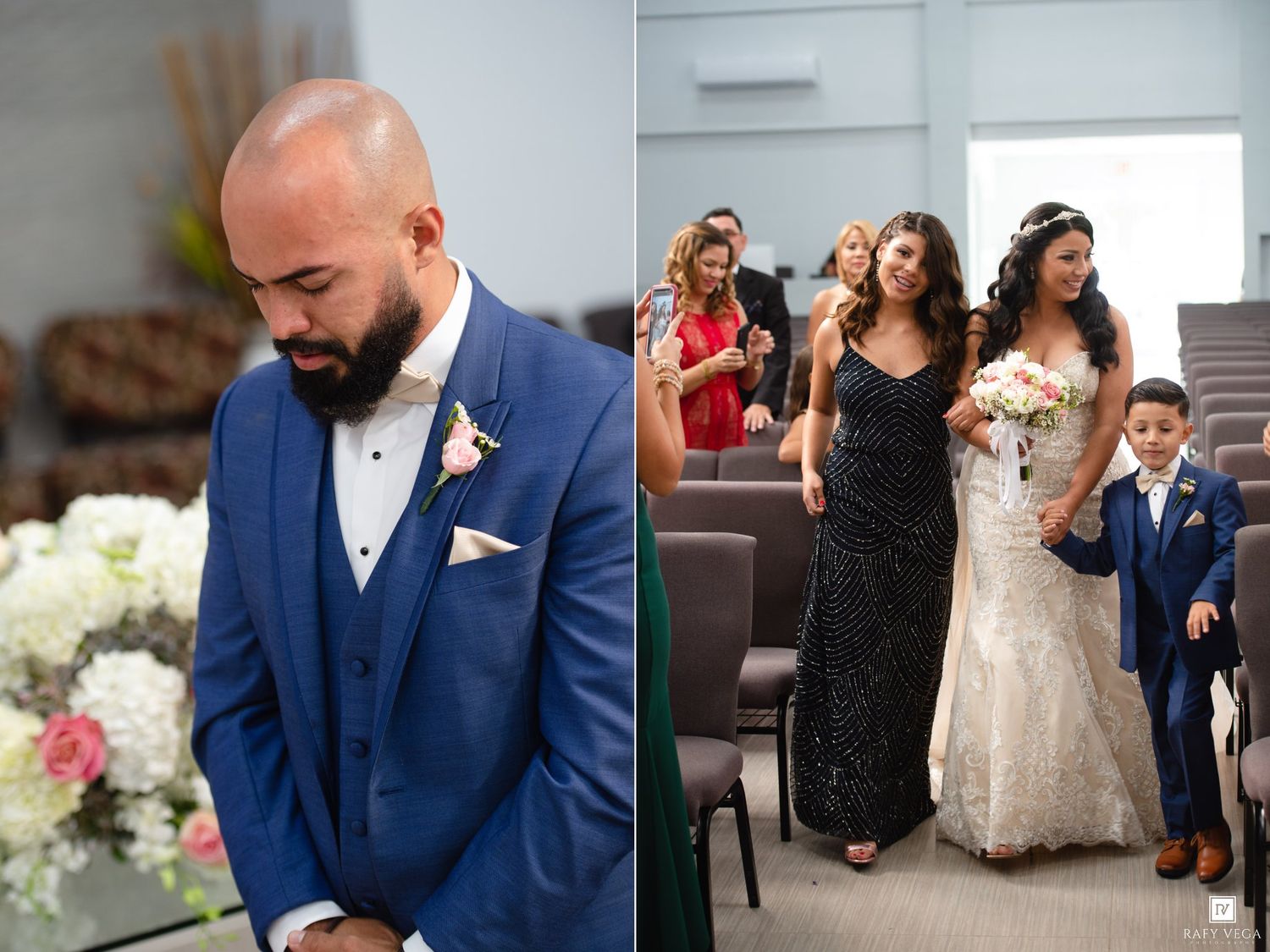 Groom in blue suit watches bride walk down aisle with young boy in matching suit at wedding ceremony.