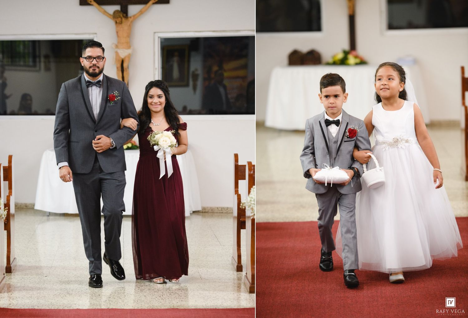Wedding processional with groomsman escorting bridesmaid in burgundy dress and children as ring bearer and flower girl.