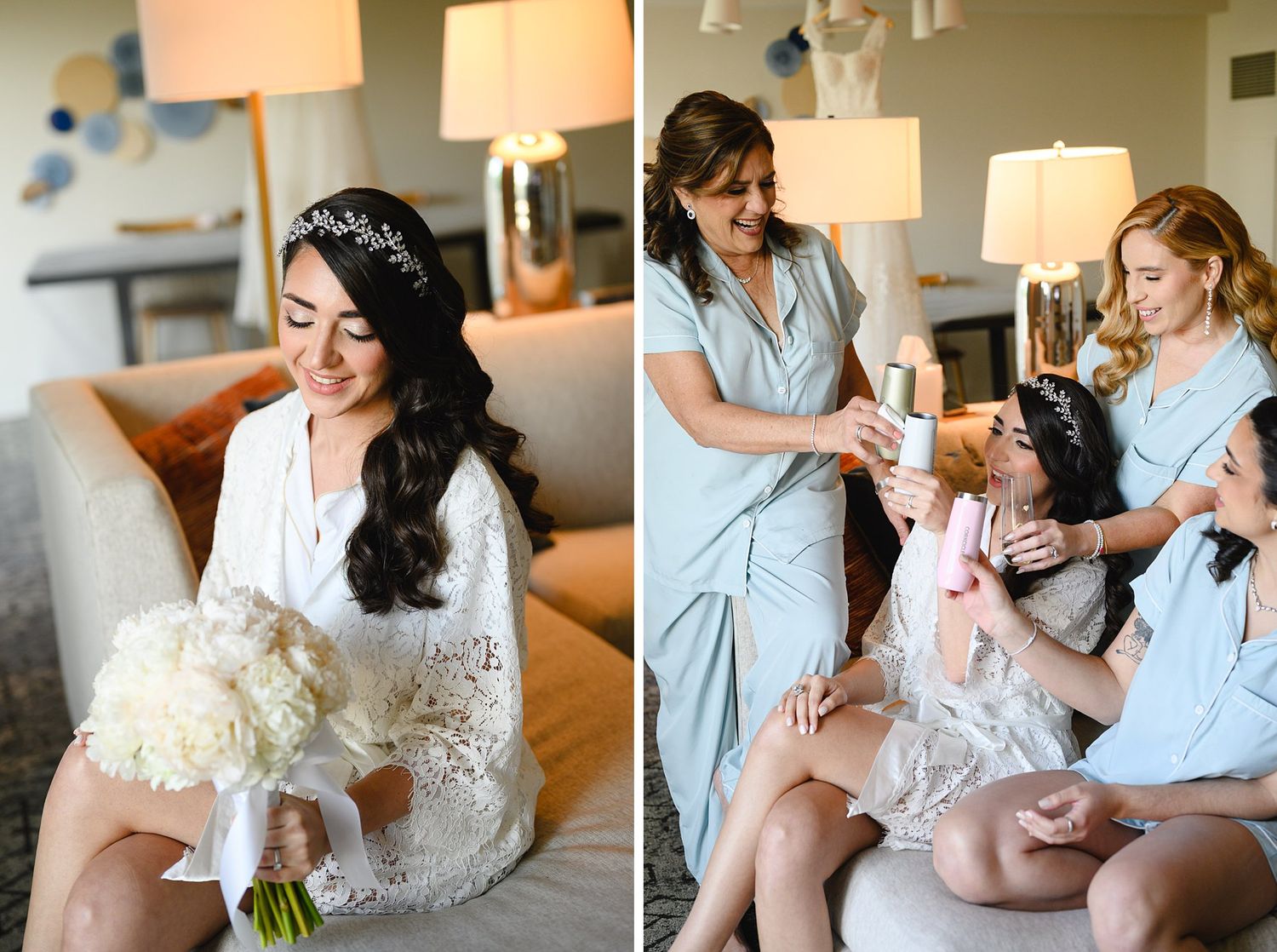 Bride in white lace robe holds bouquet while bridesmaids in sage robes help her prepare for her wedding day.