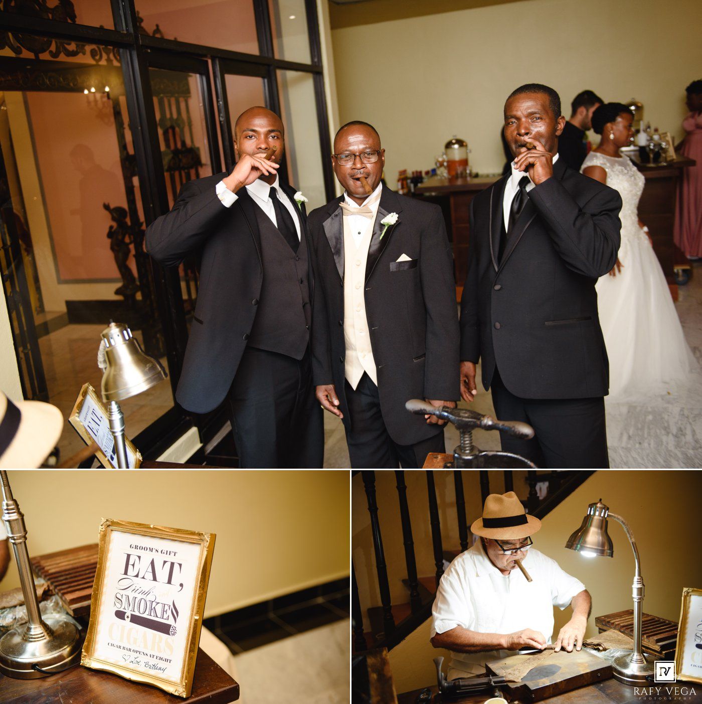Three groomsmen in black suits toast drinks at a wedding reception while the bride stands nearby in a white gown.
