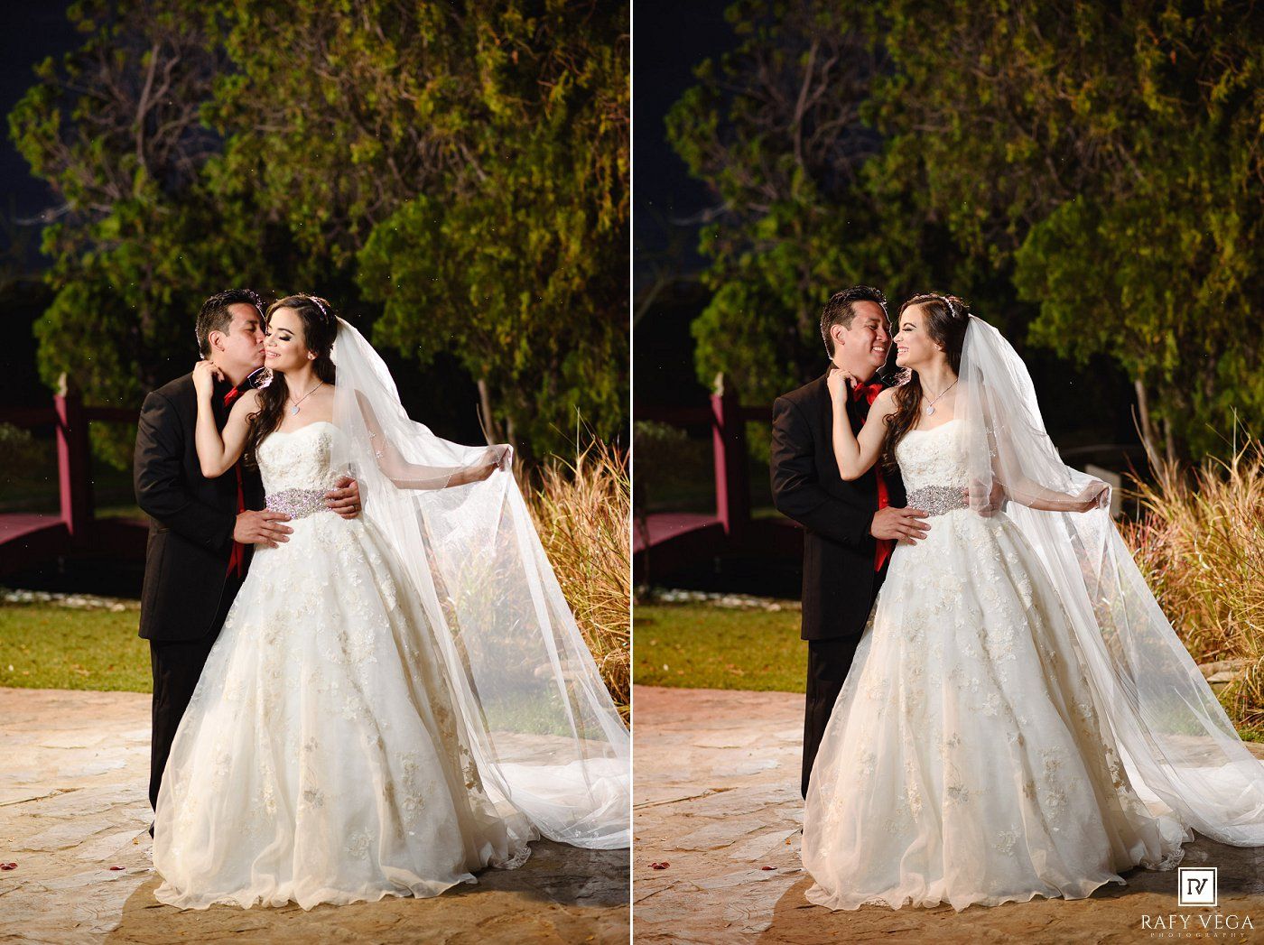 Bride and groom sharing a romantic kiss outdoors at night, bride wearing a white ball gown with veil.