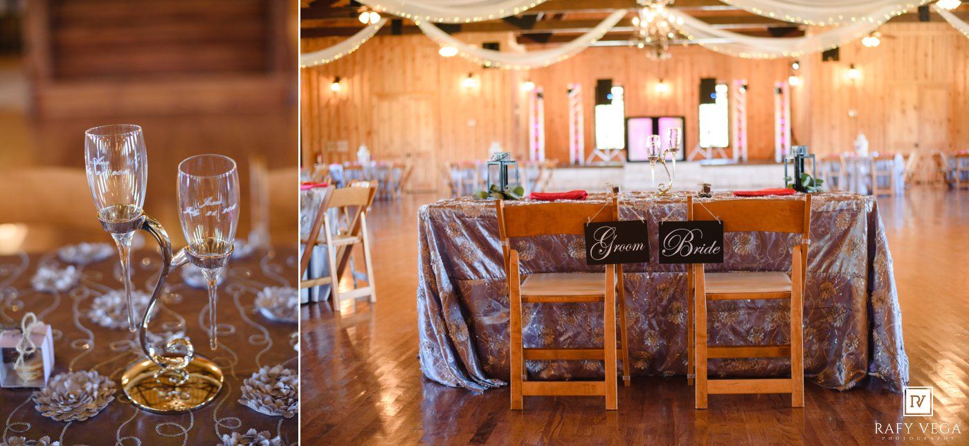 Elegant wedding reception venue with draped ceiling lights, crystal glassware centerpiece, and Groom and Bride chairs at sweetheart table.