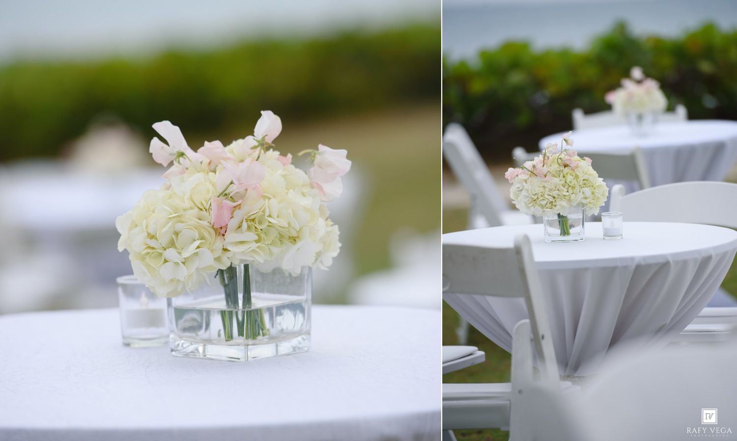 Elegant outdoor wedding reception tables with white hydrangea and pink rose centerpieces in glass vases against a lush green backdrop.