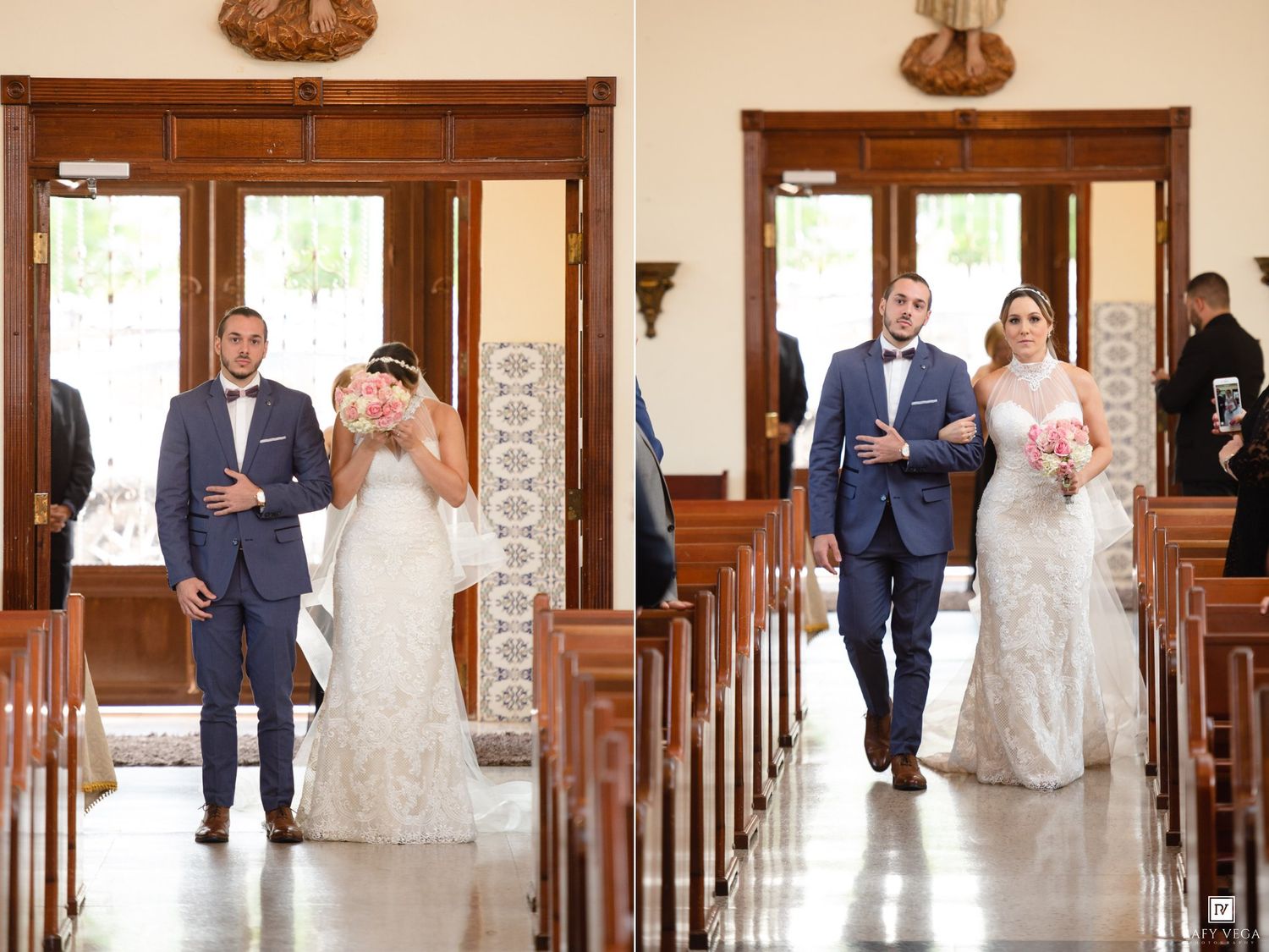 Bride and groom walking down the church aisle during wedding ceremony, bride holding pink bouquet in white lace gown.