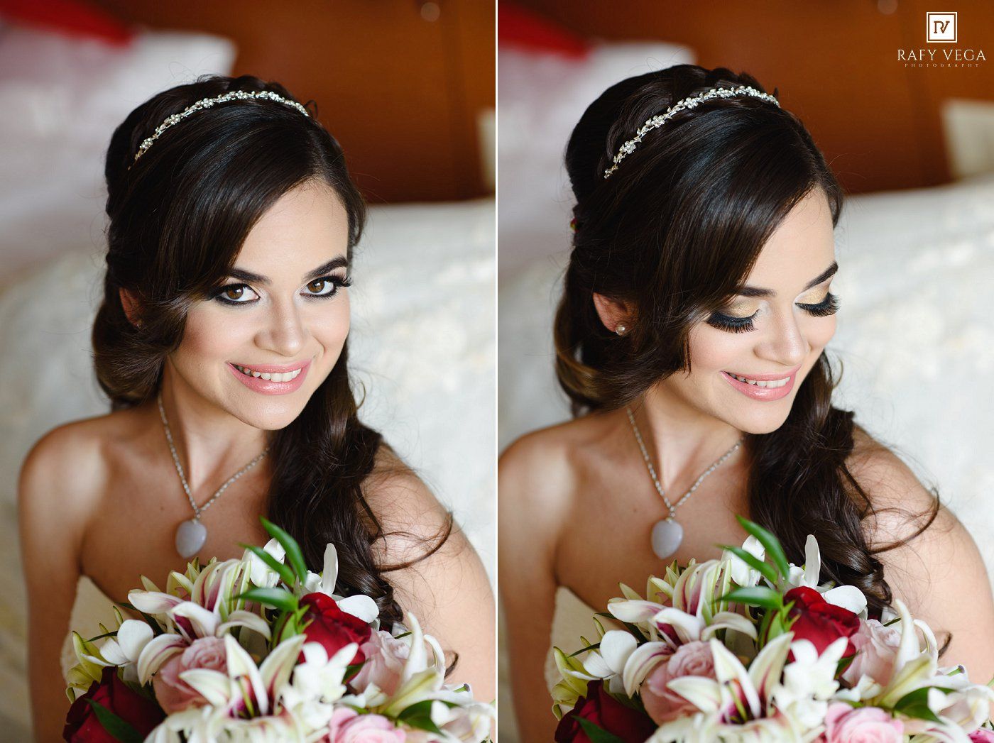 Elegant bride with updo hairstyle wearing a pearl headband and necklace holding a bouquet of pink and white flowers.