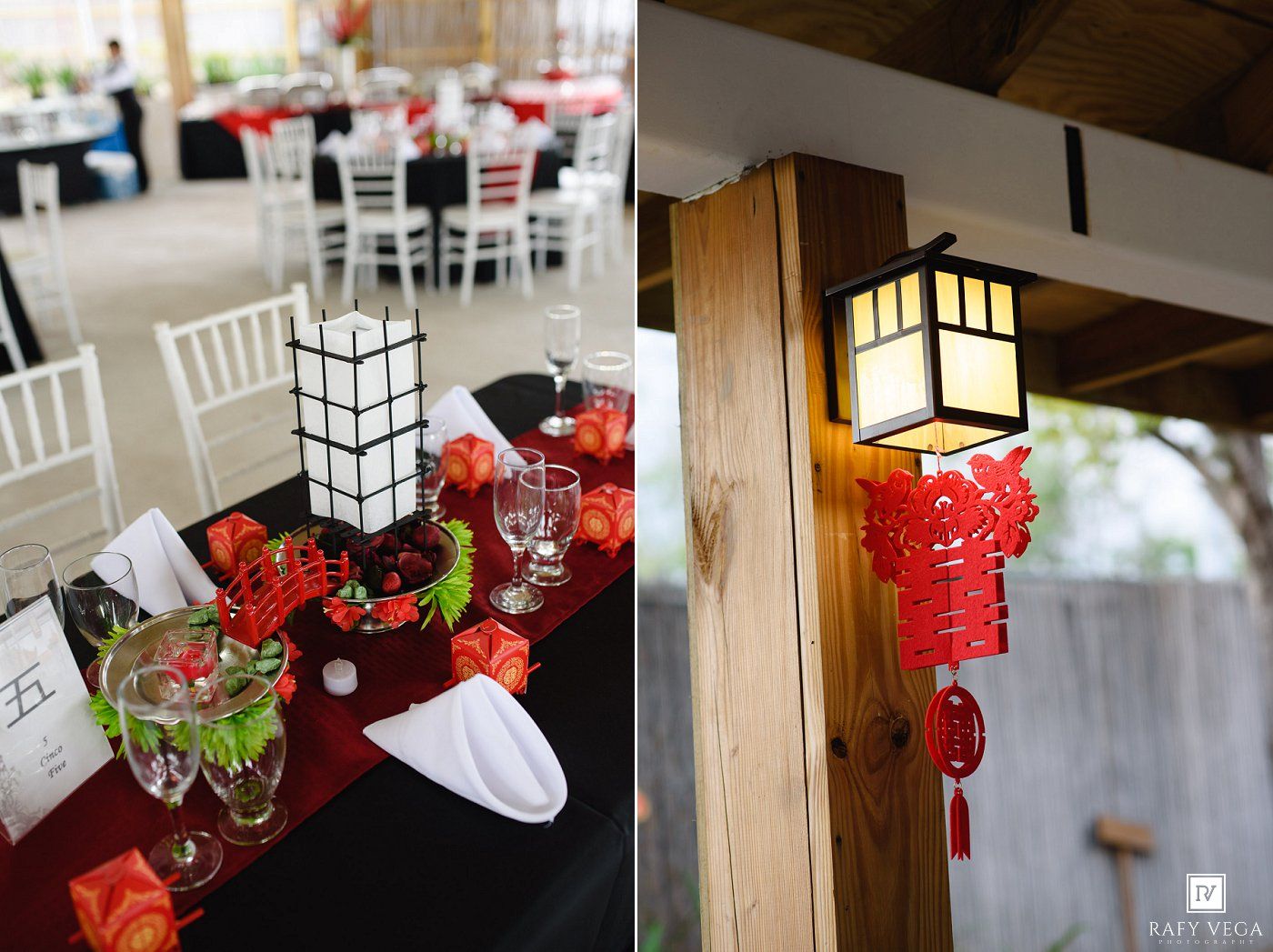 Asian-inspired wedding reception with red table runners, lantern centerpieces, and decorative light fixture.