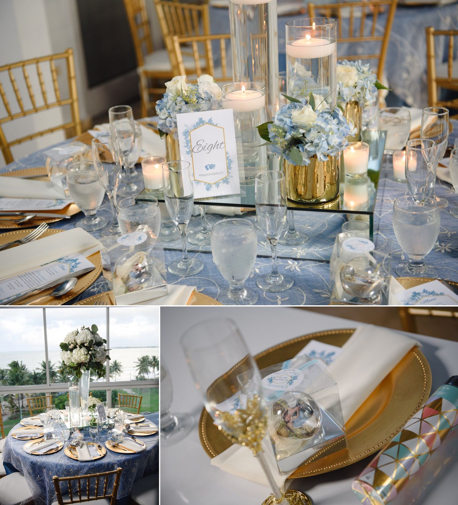 Elegant wedding reception table with gold chiavari chairs, blue hydrangeas, floating candles, and gold accents on a mirrored centerpiece.