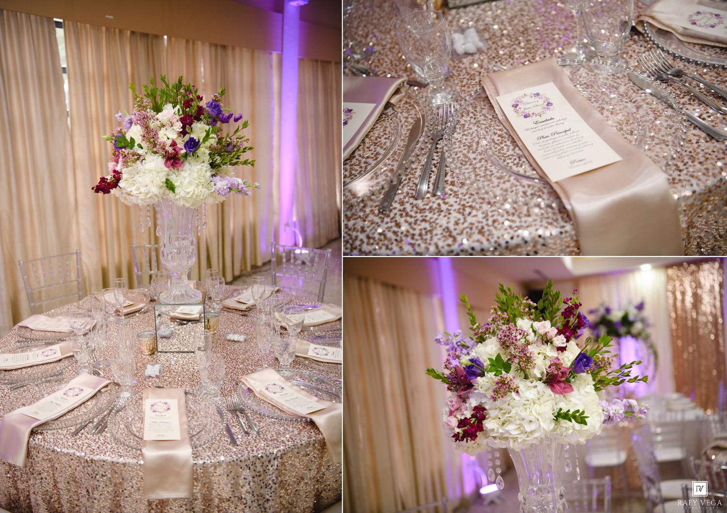 Elegant wedding reception with glittery silver tablecloths, tall floral centerpieces, and purple ambient lighting.