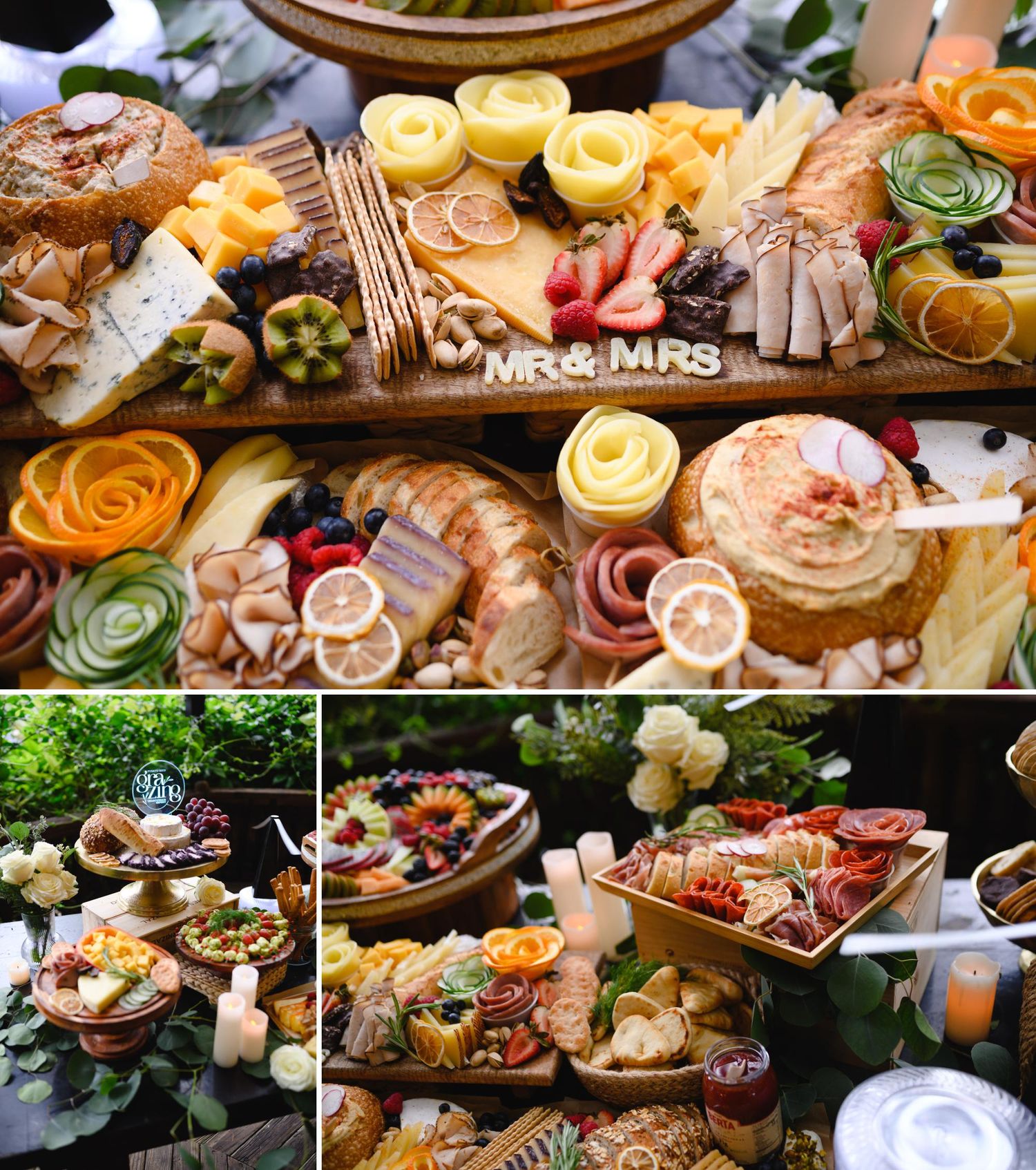Elegant wedding grazing board with cheeses, meats, fruits, and Mr. & Mrs. sign, displayed across multiple tiered wooden platters.