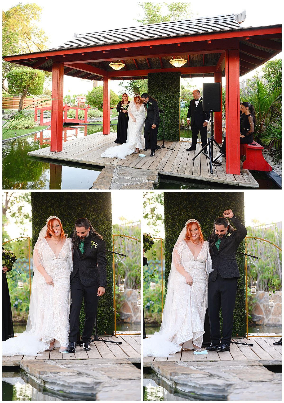 Bride and groom celebrate their outdoor wedding ceremony at an Asian-inspired pavilion, smiling and raising hands in joy.