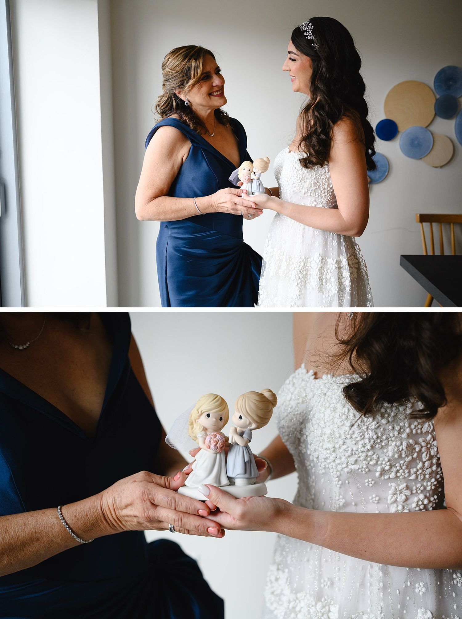 Bride and mother share a tender moment exchanging Precious Moments figurines before the wedding ceremony.