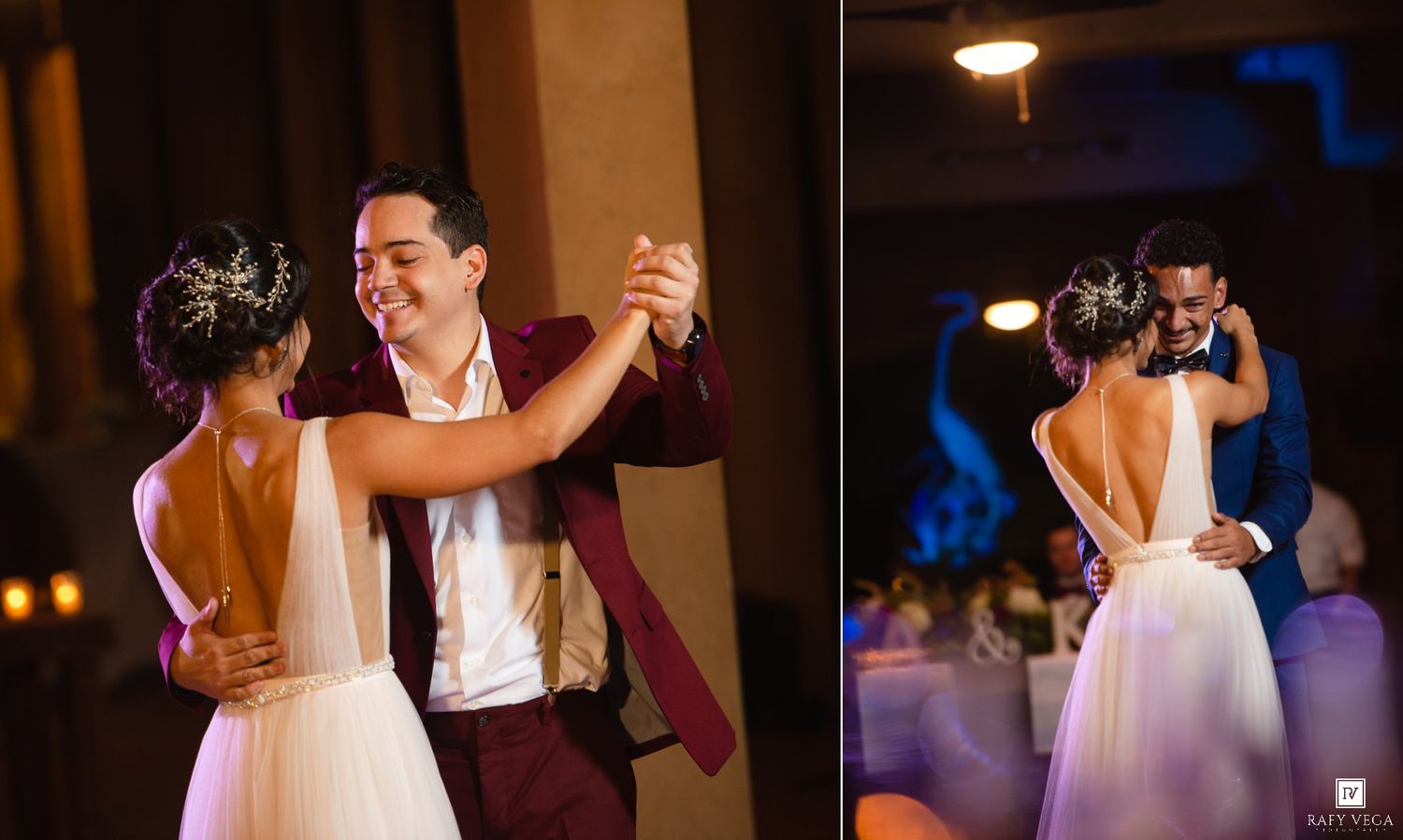 Bride and groom share their first dance, smiling warmly at an intimate wedding reception.