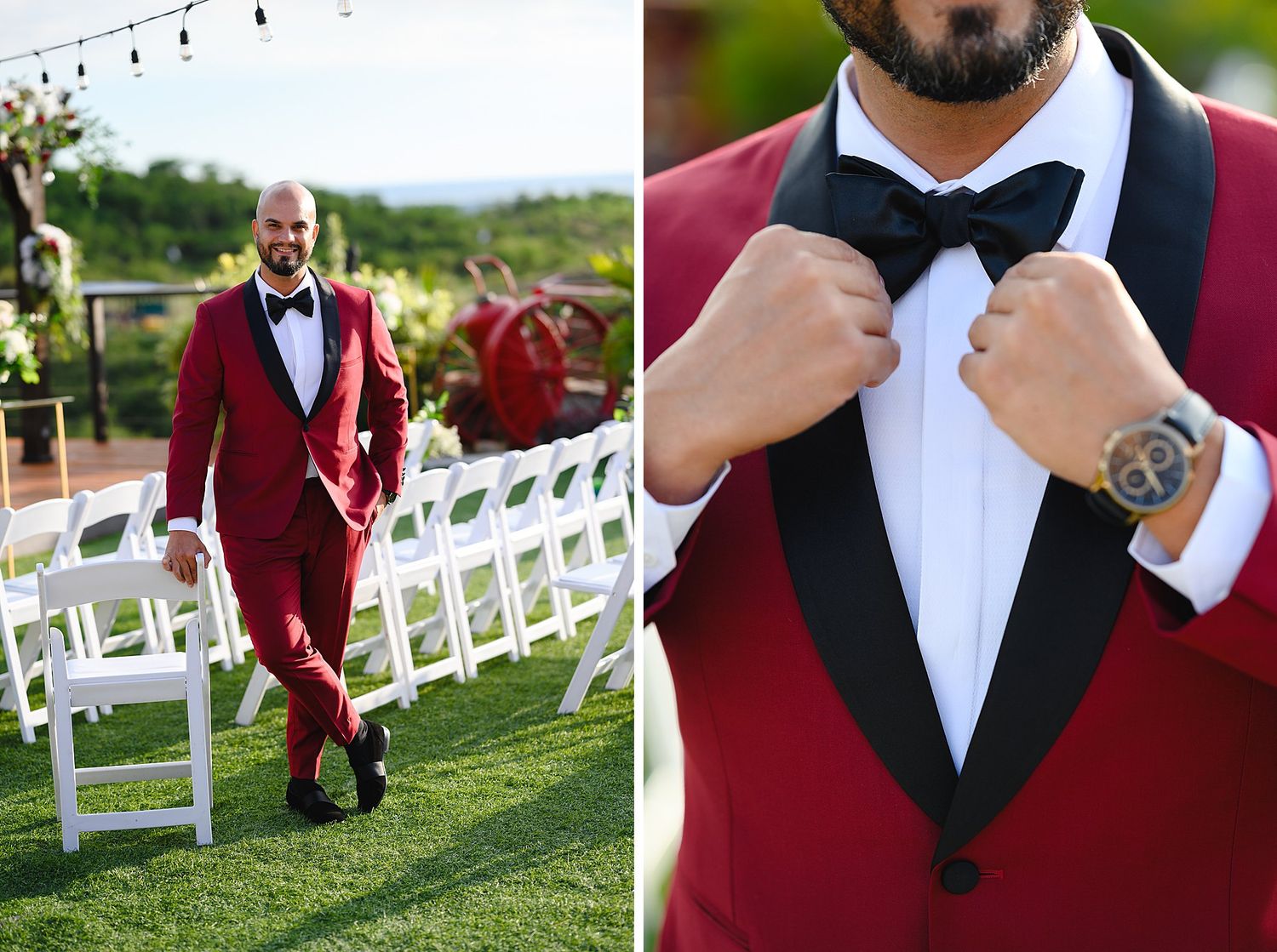 Groom in red tuxedo with black bow tie and gold watch adjusts jacket outdoors at elegant wedding venue.
