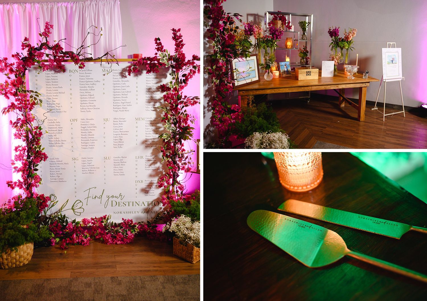 Elegant wedding seating chart adorned with pink floral garlands, rustic wooden table decor, and green satin heels on display.
