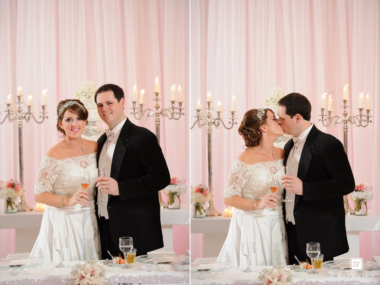 Bride and groom share a romantic kiss and toast with champagne at elegant wedding reception with pink draping.