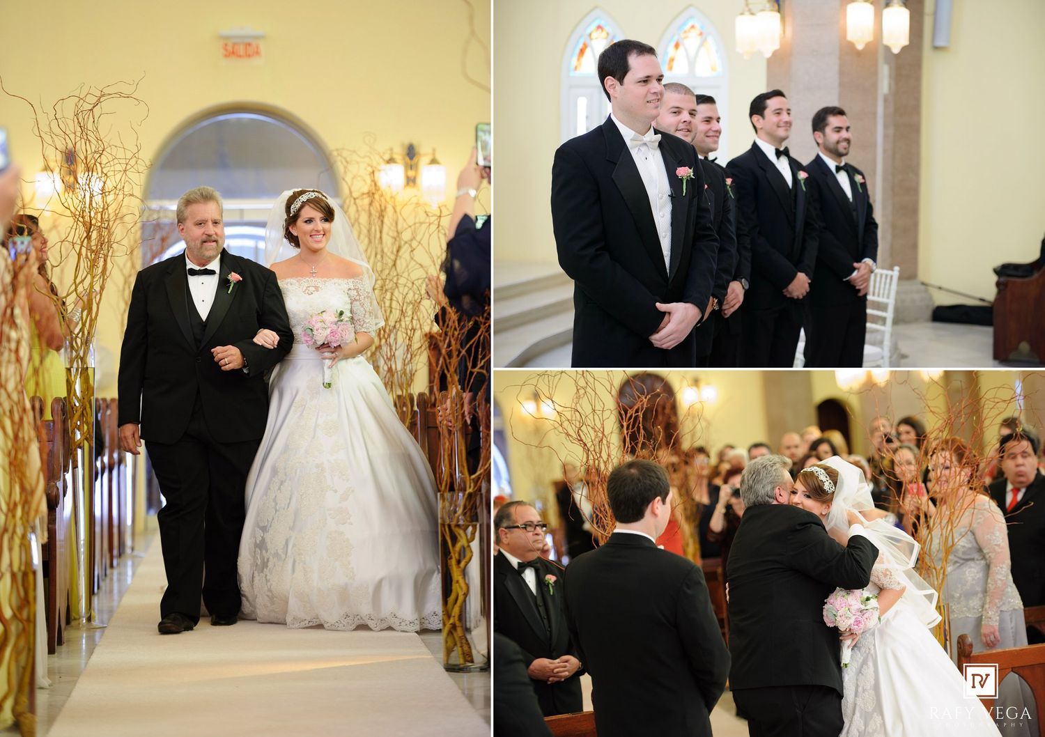 Elegant wedding ceremony collage featuring bride walking down aisle with father, groom at altar, and couple embracing.