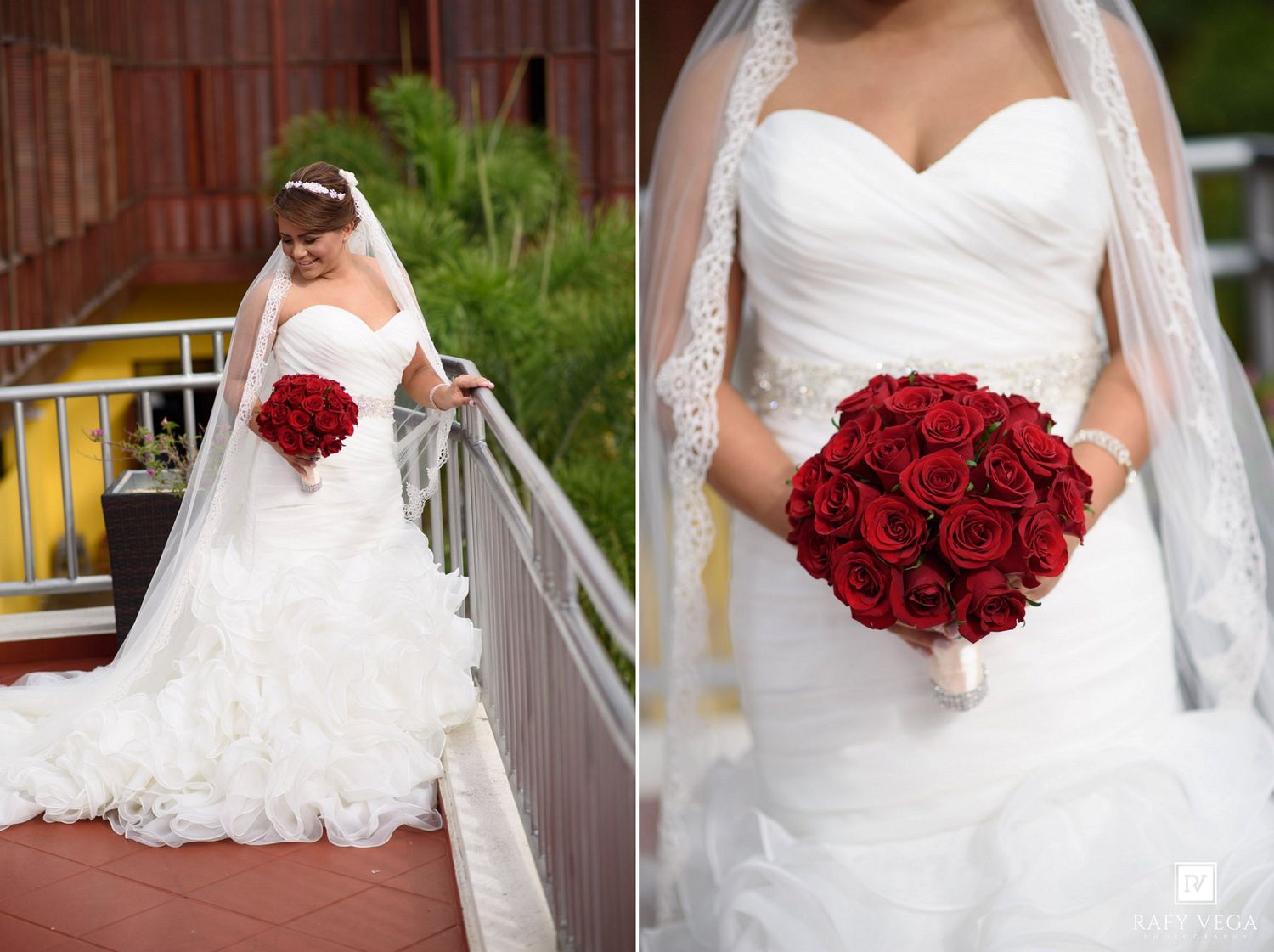 Bride in white strapless ruffled wedding gown holding red rose bouquet with lace veil on outdoor venue steps.