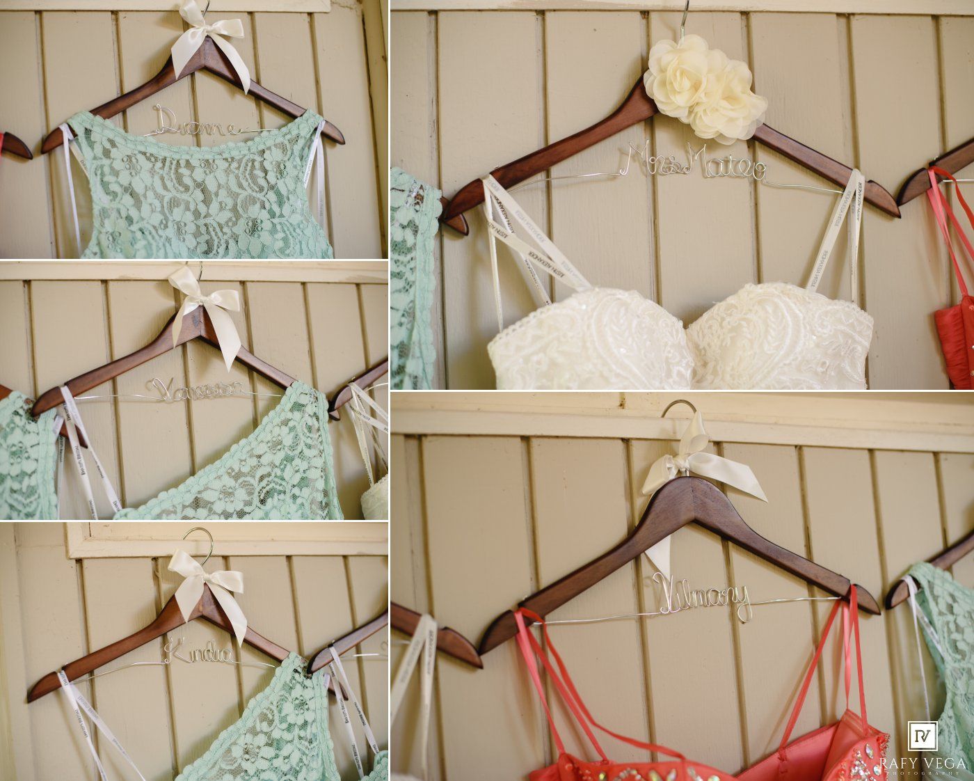 Elegant wedding lingerie and mint bridesmaid dress displayed on wooden hangers against a rustic wall.