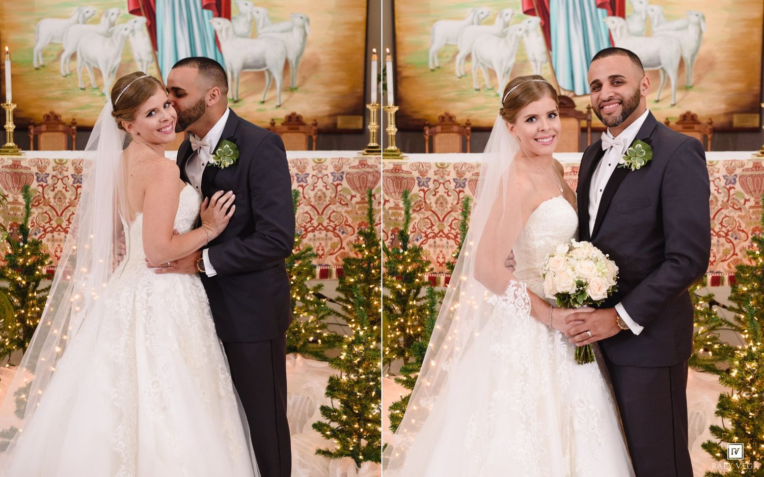 Bride and groom share a romantic moment in a church decorated with Christmas trees in two wedding portrait poses.