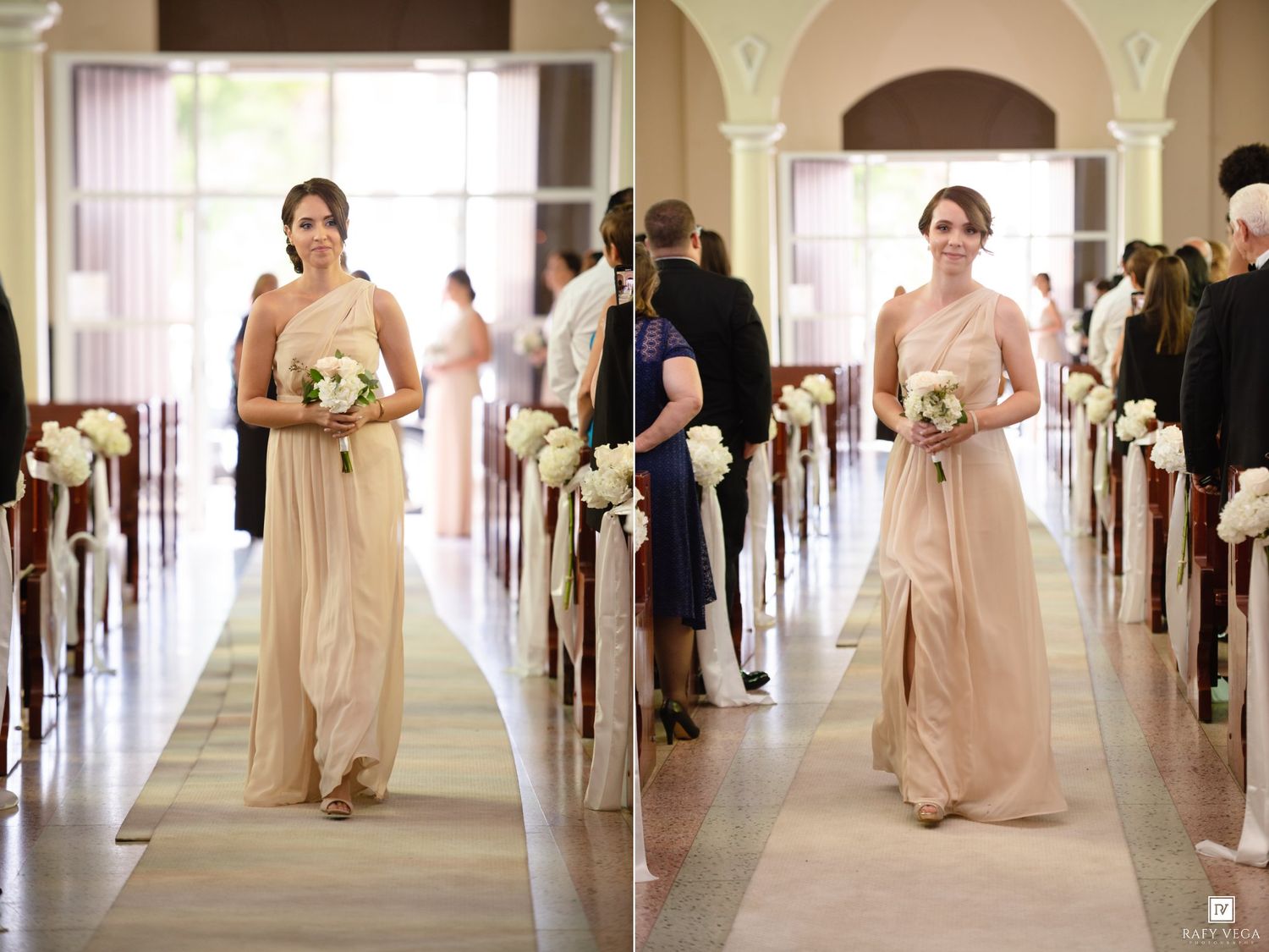 Bridesmaid in champagne gown walks down church aisle holding white floral bouquet during elegant wedding ceremony.