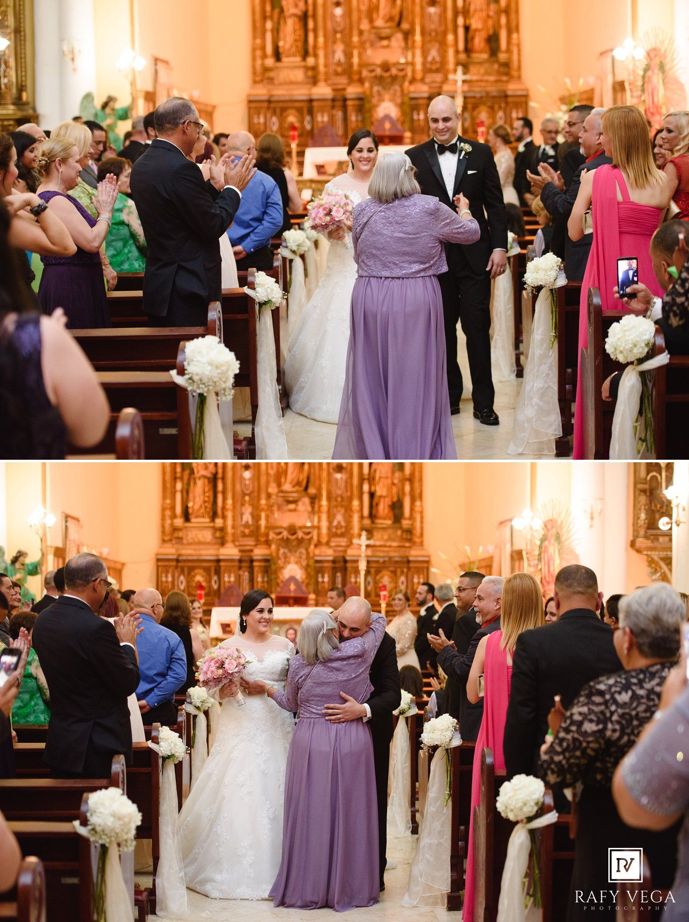 Bride and groom walk down church aisle during wedding ceremony, greeted by guests in a beautifully decorated chapel.