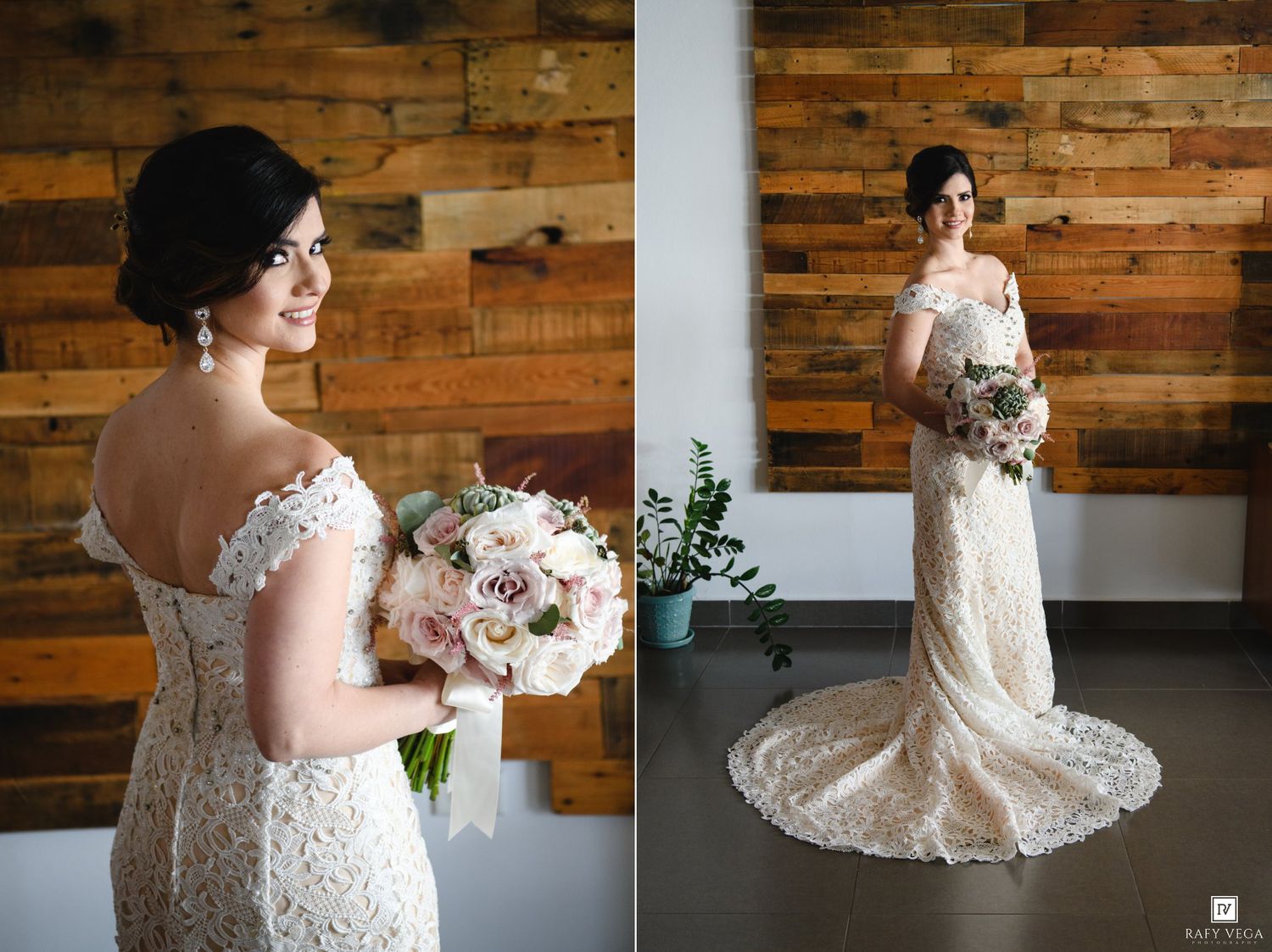 Bride in off-shoulder lace wedding gown holding blush bouquet, posing before rustic wood plank wall in dual portrait.
