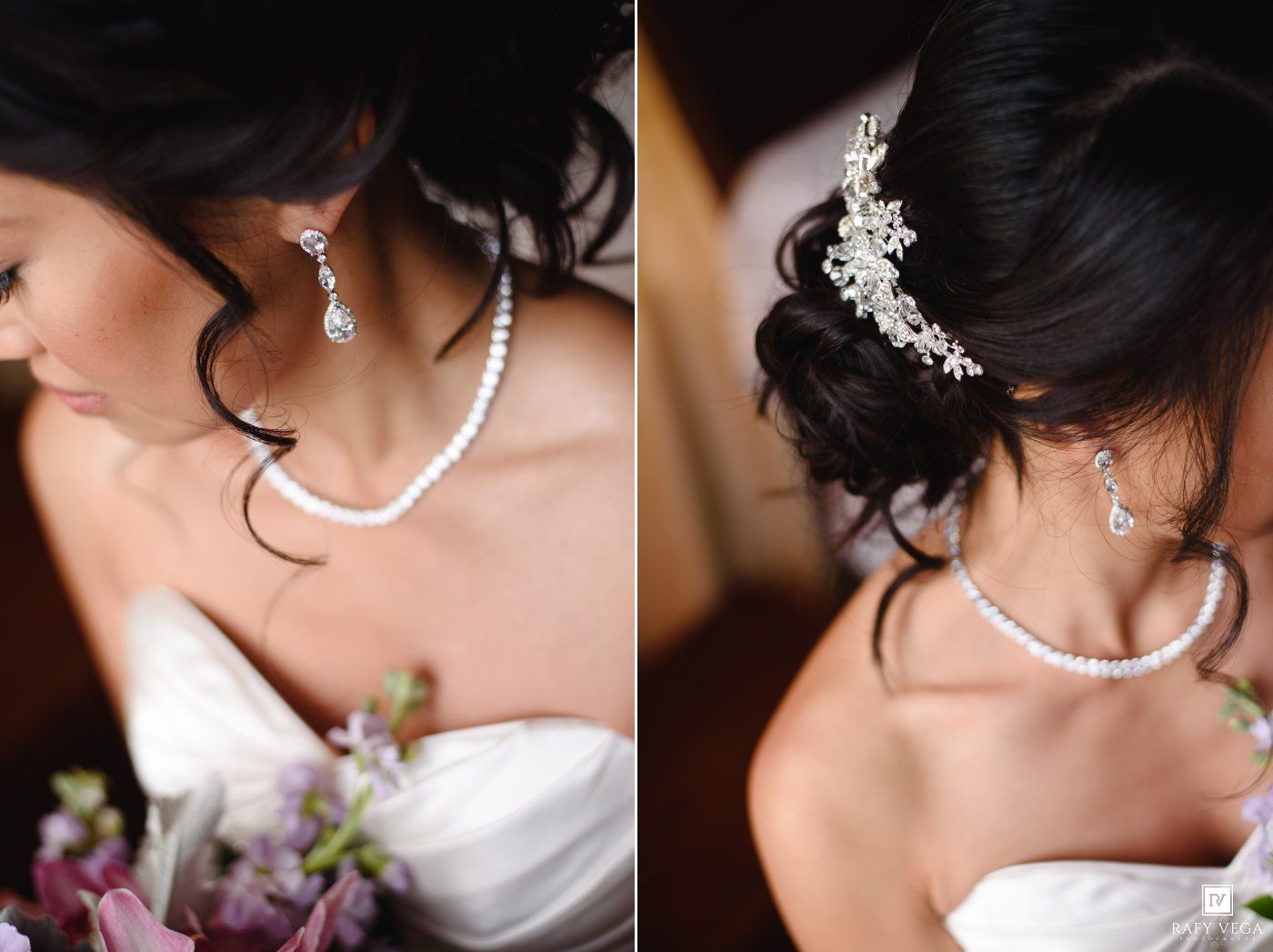 Bride wearing pearl necklace and crystal hair accessory in elegant updo hairstyle for wedding day.