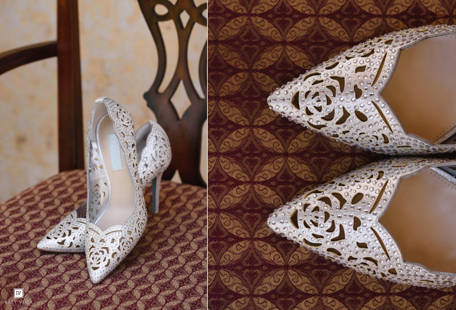 Elegant white laser-cut floral stiletto heels displayed on ornate red patterned fabric, perfect bridal wedding shoes.