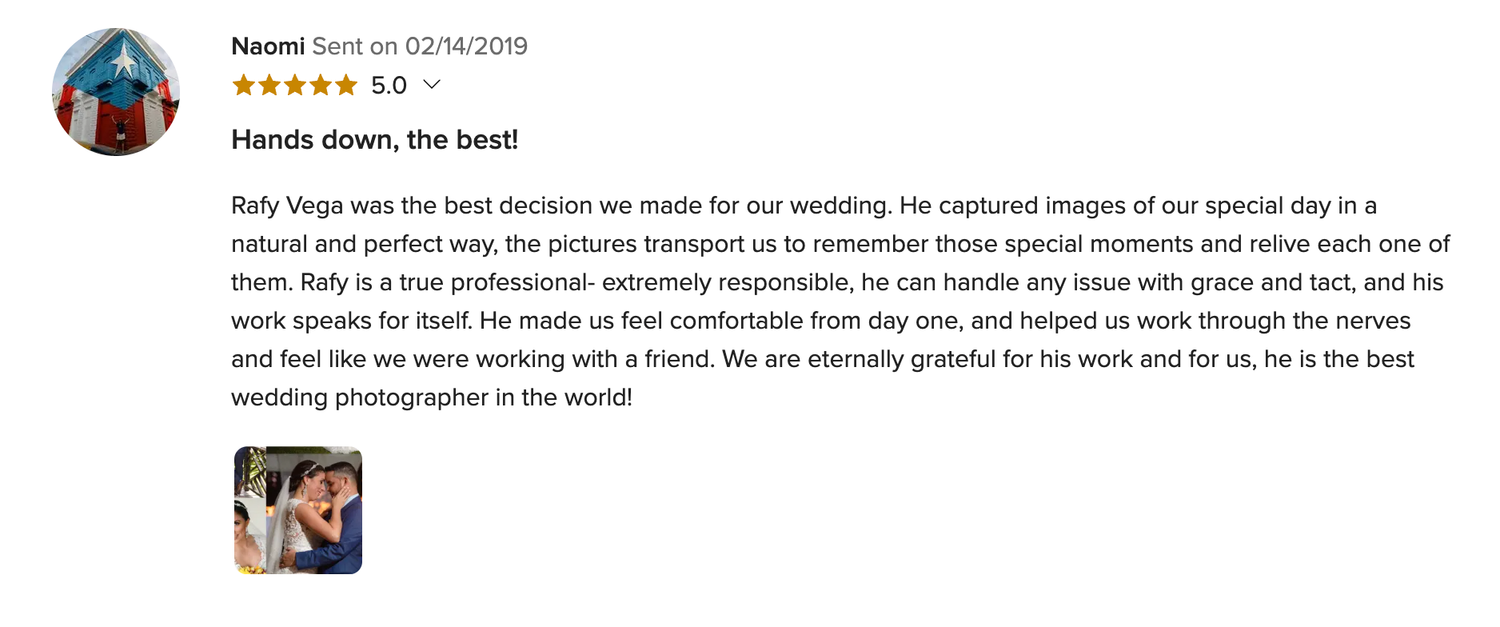Five-star Google review praising Rafa Vega as the best wedding photographer in the world for a special day.