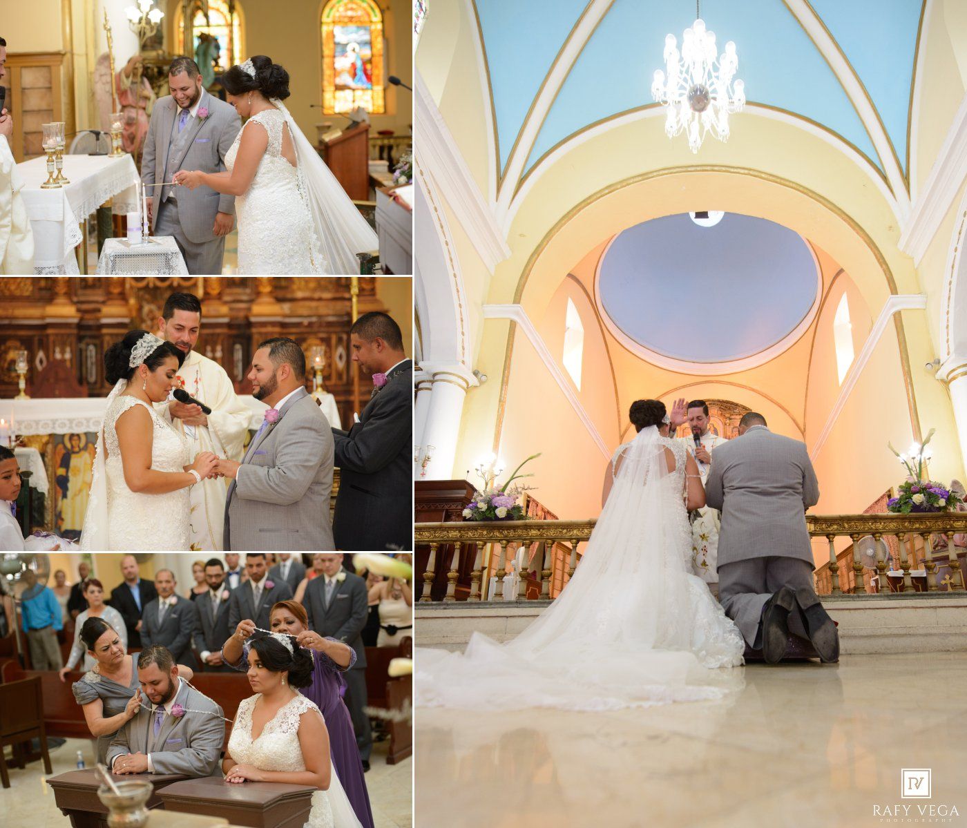 Elegant Catholic church wedding ceremony with bride in white gown and groom in gray suit exchanging vows at the altar.