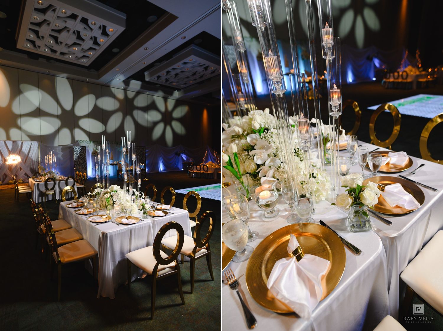 Elegant wedding reception with white floral centerpieces, gold charger plates, and dramatic floral light projections.