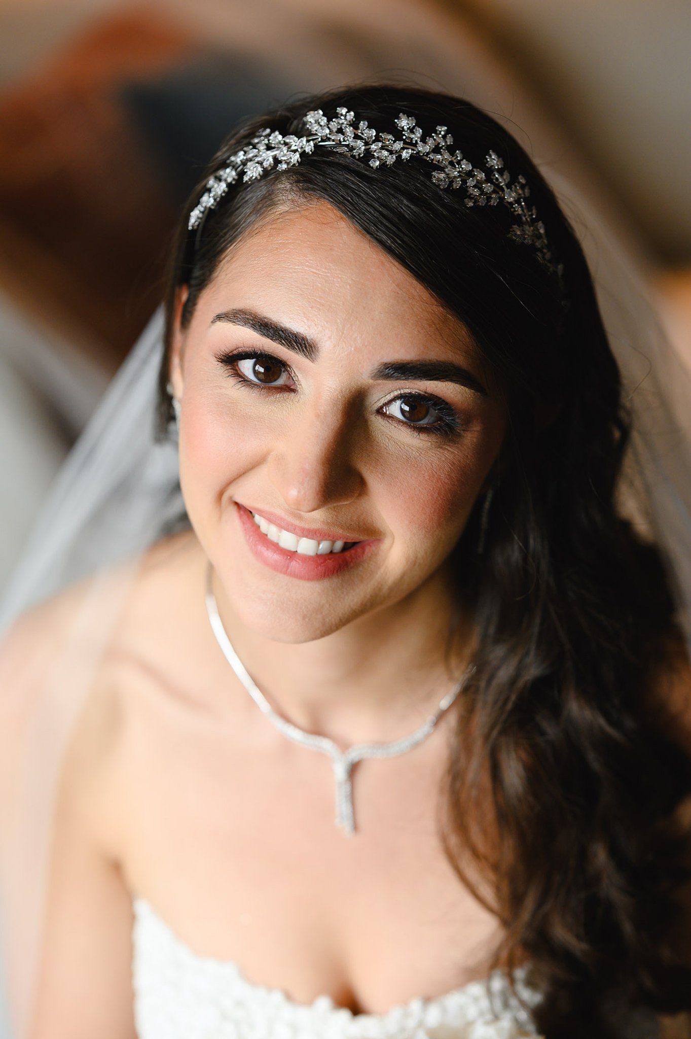 Beautiful bride smiling in crystal tiara, veil, and diamond necklace with elegant bridal makeup.