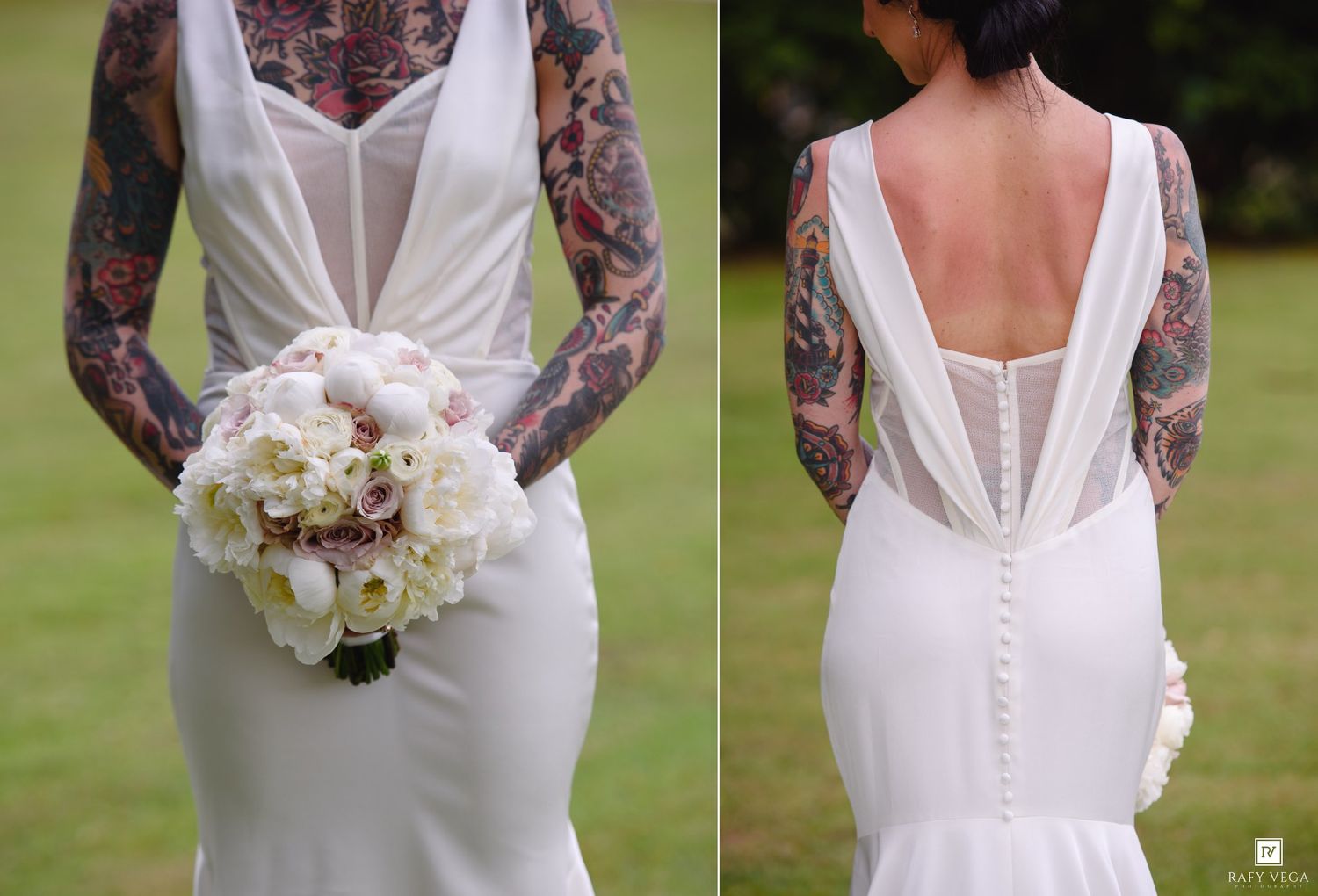 Tattooed bride in sleeveless white backless wedding gown holding white floral bouquet, front and back views.