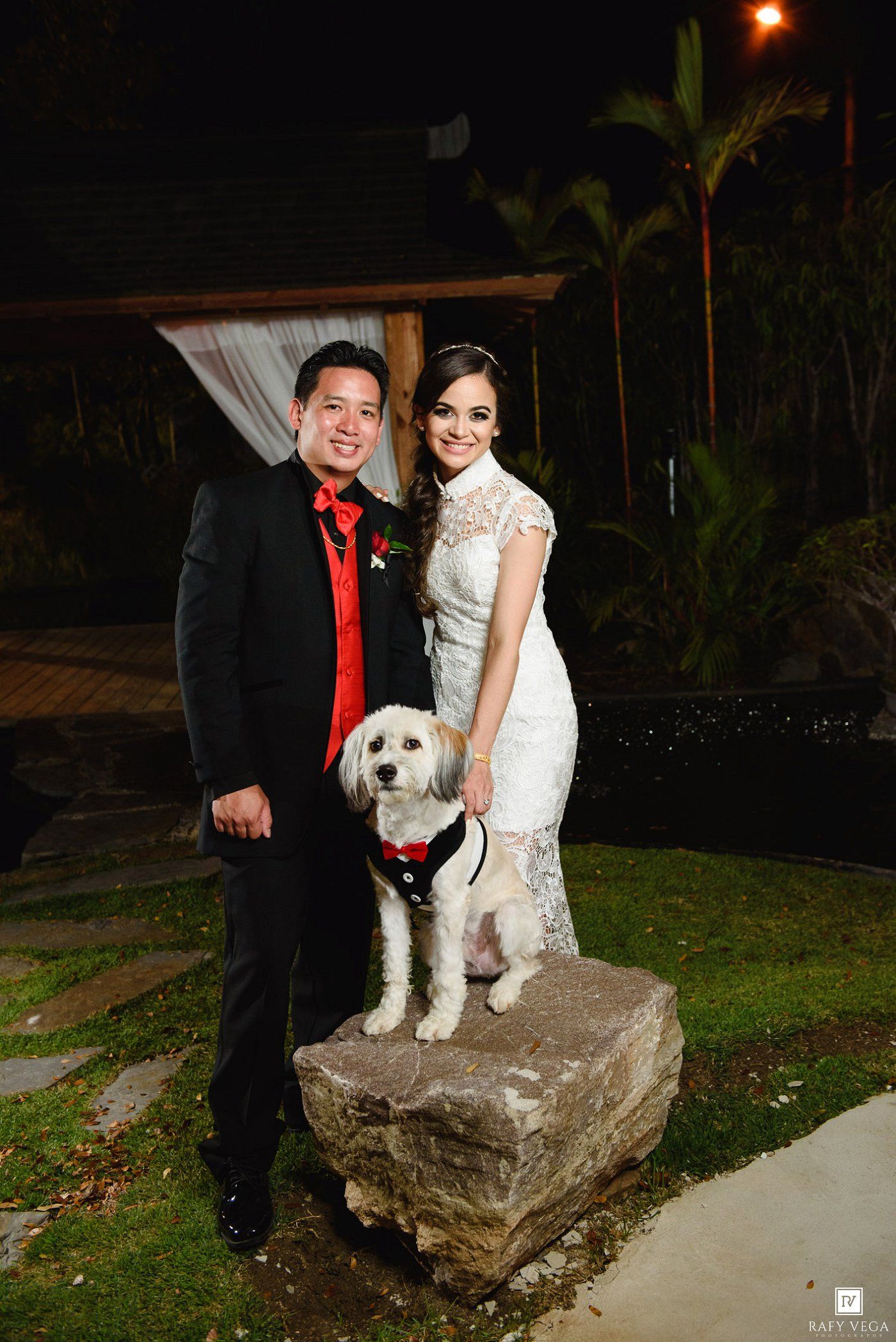 Newlywed couple in wedding attire posing with their white dog on a rock at an outdoor evening wedding reception.