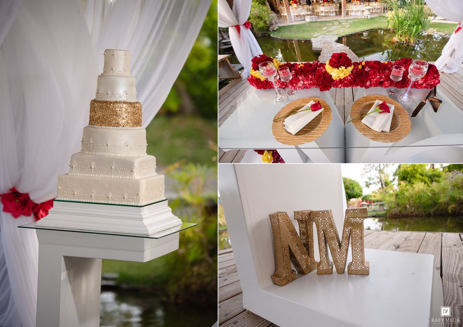 Elegant outdoor wedding setup featuring a tiered white and gold cake, floral table decor, and glittery NM monogram letters.