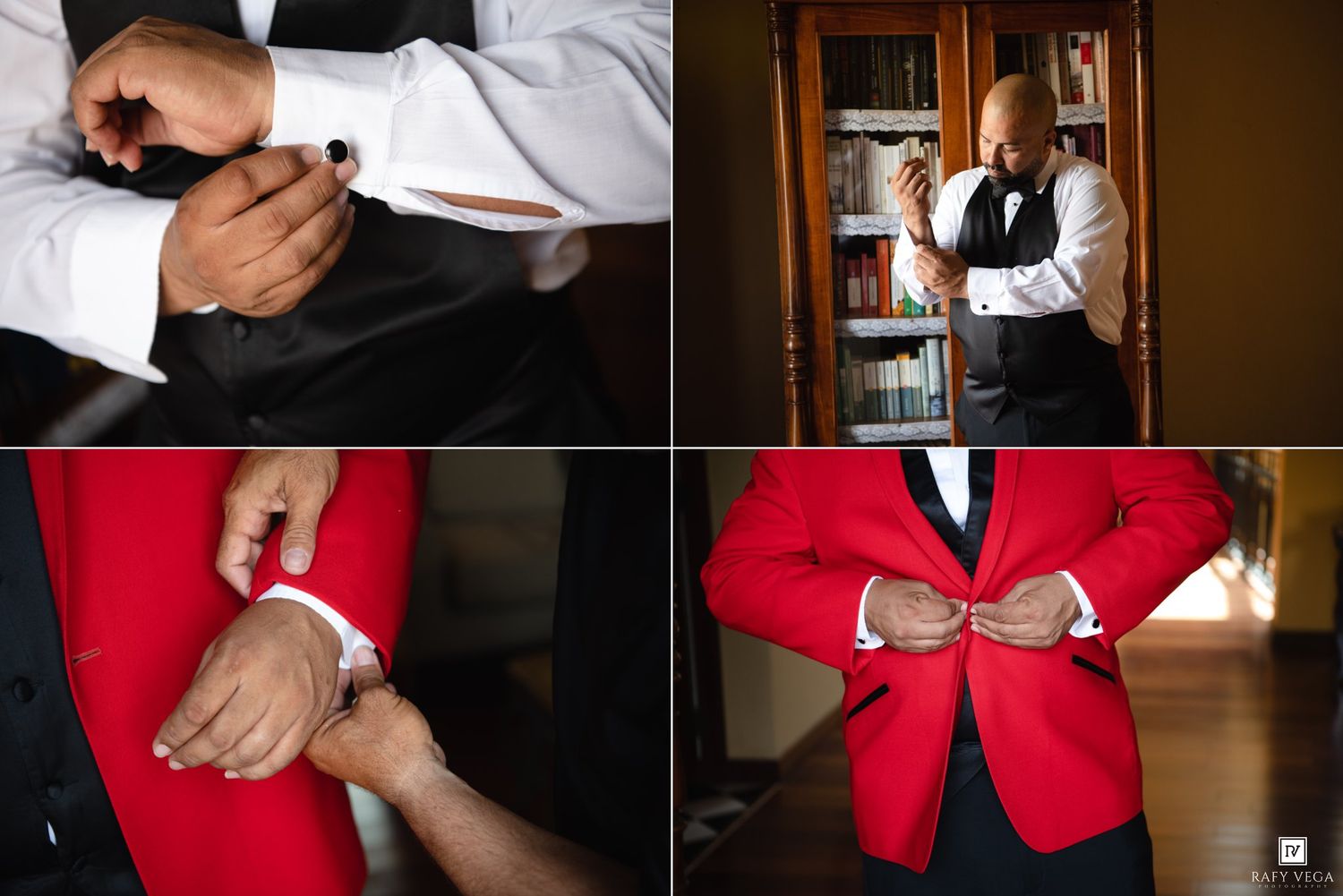 Groom preparing in a red tuxedo jacket, adjusting cufflinks and buttoning up, with detail shots of elegant wedding attire.