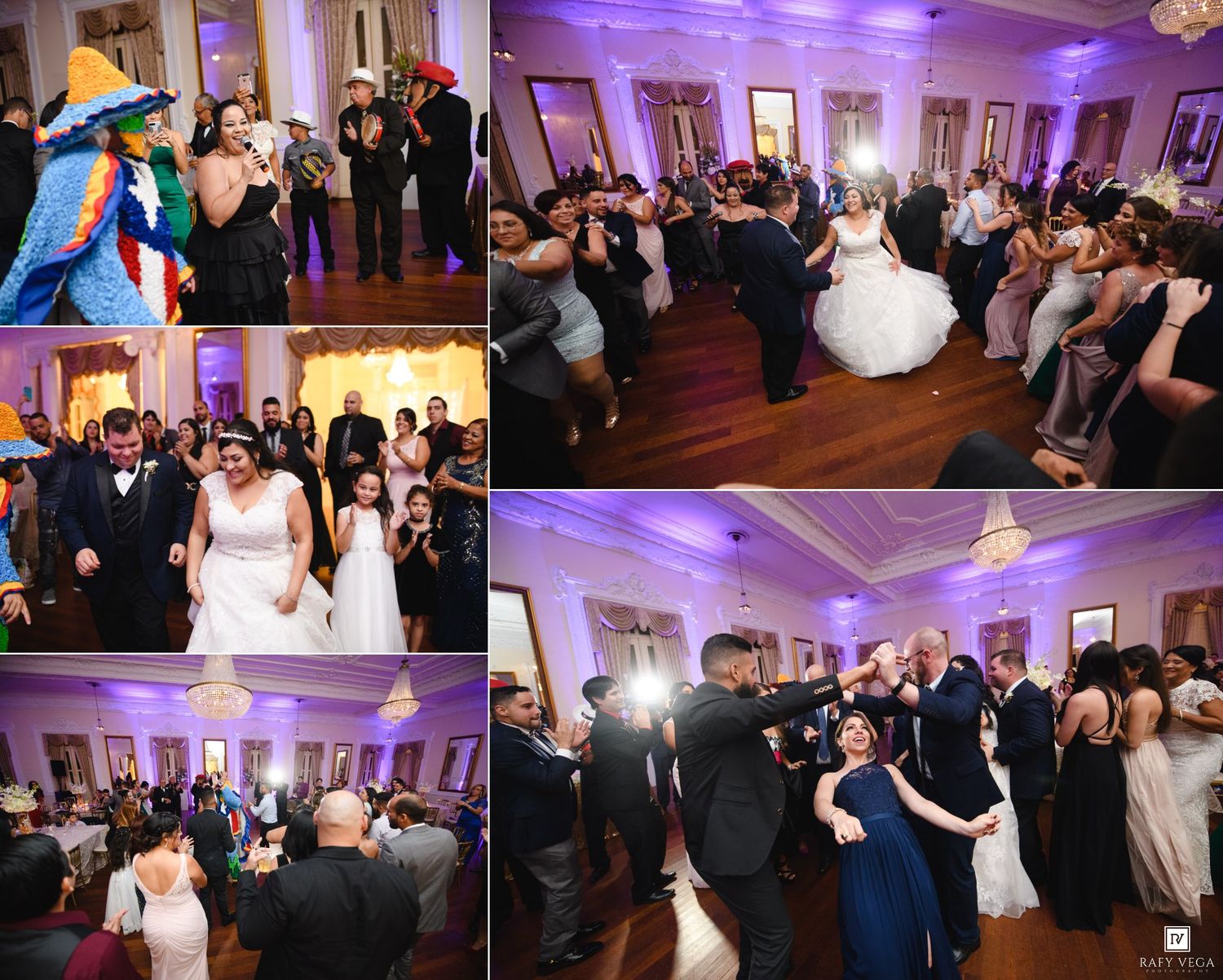 Wedding reception guests dancing and celebrating in an elegant ballroom with purple uplighting and bride in white gown.