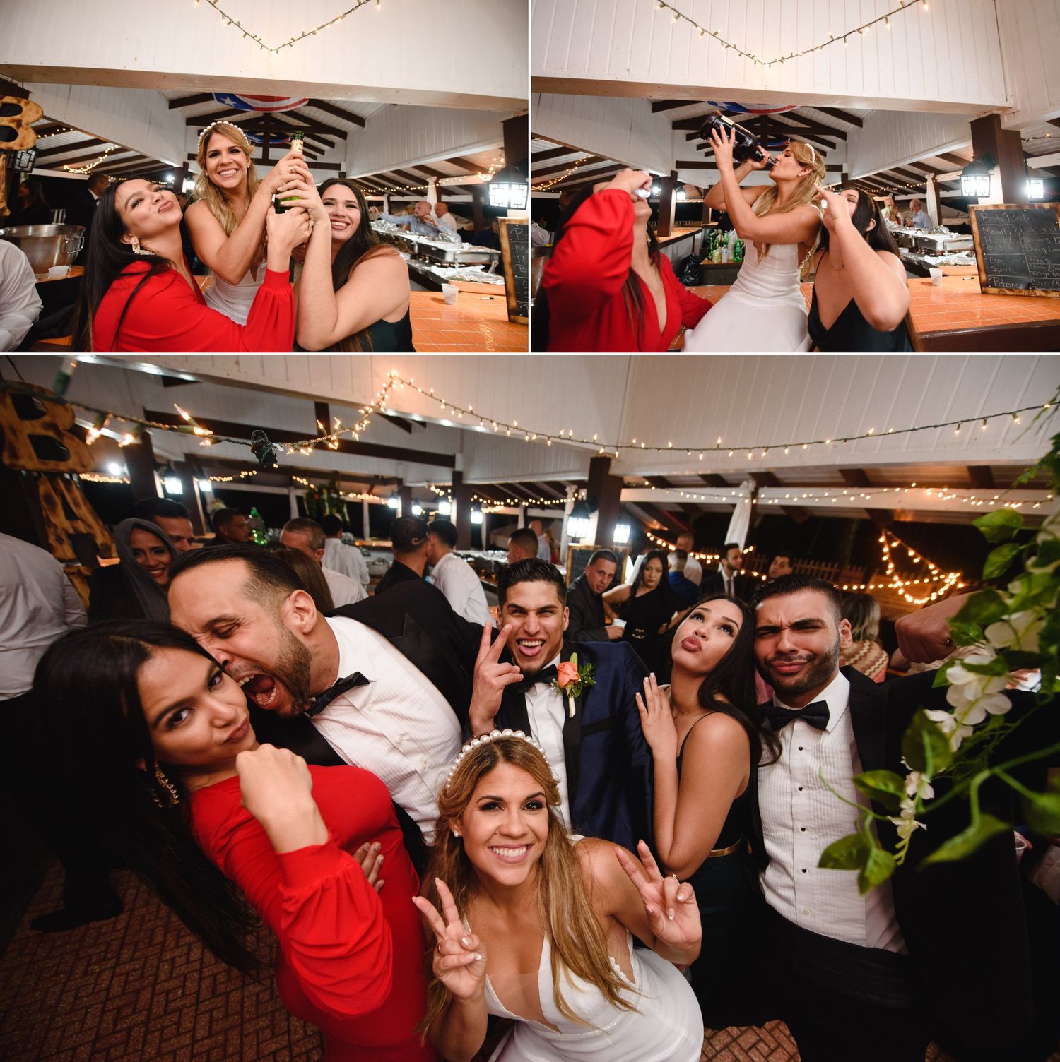Wedding guests dancing and celebrating joyfully at a reception venue decorated with warm string lights.