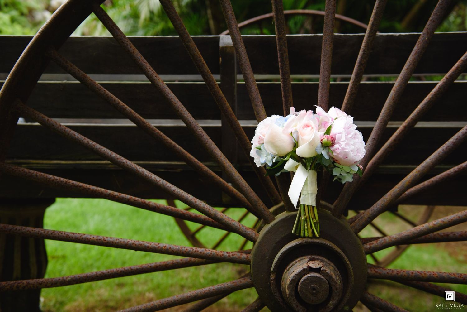 A bridal bouquet of pink and white peonies tied with white ribbon rests on a rustic antique wagon wheel outdoors.