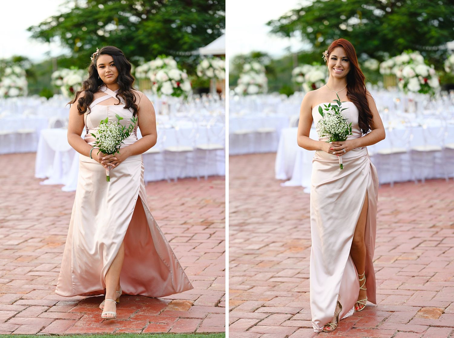 Elegant bridesmaid in champagne satin gown with slit holding white bouquet at outdoor wedding reception.